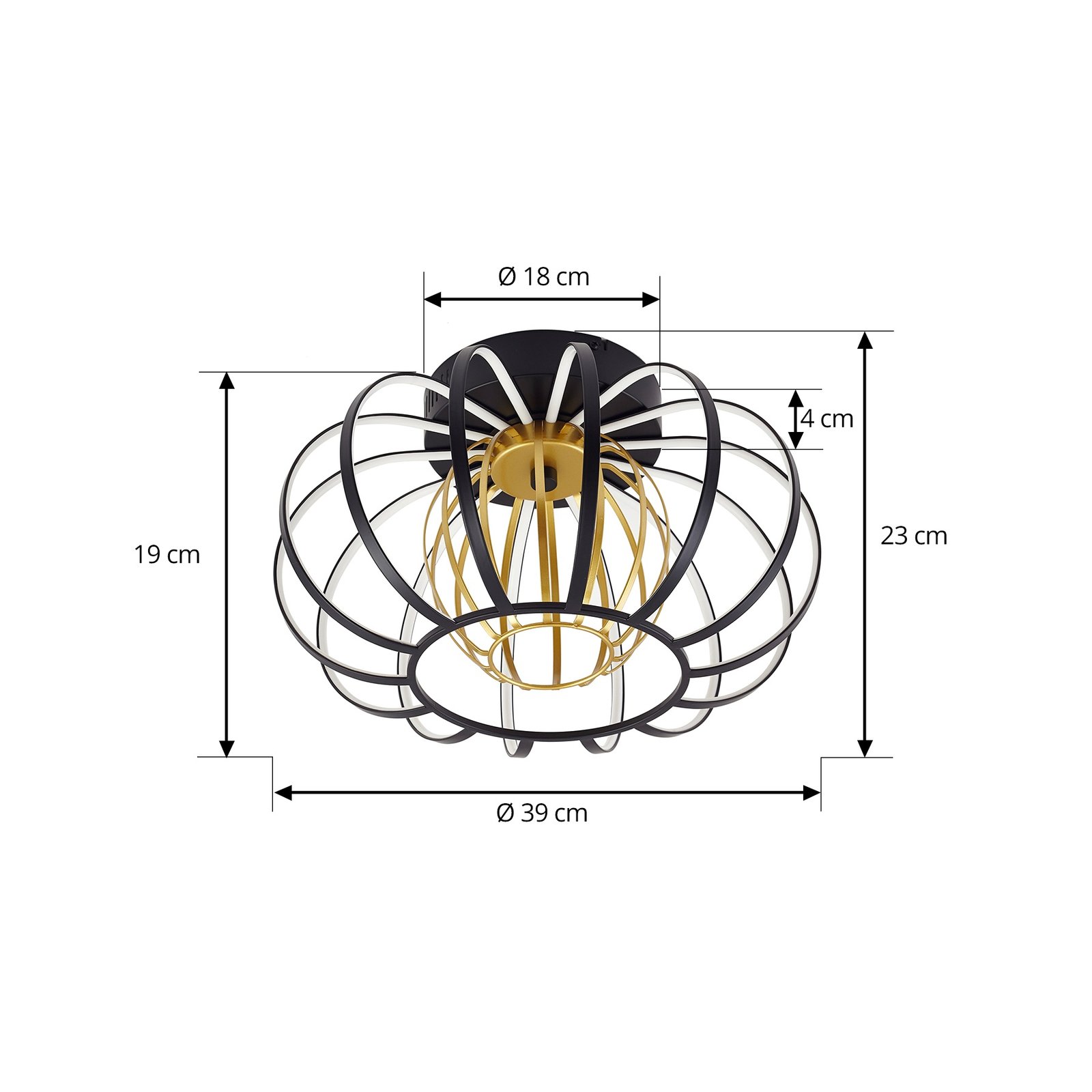 Lucande LED stropna svjetiljka Birger, visina 24 cm, crna/zlatna