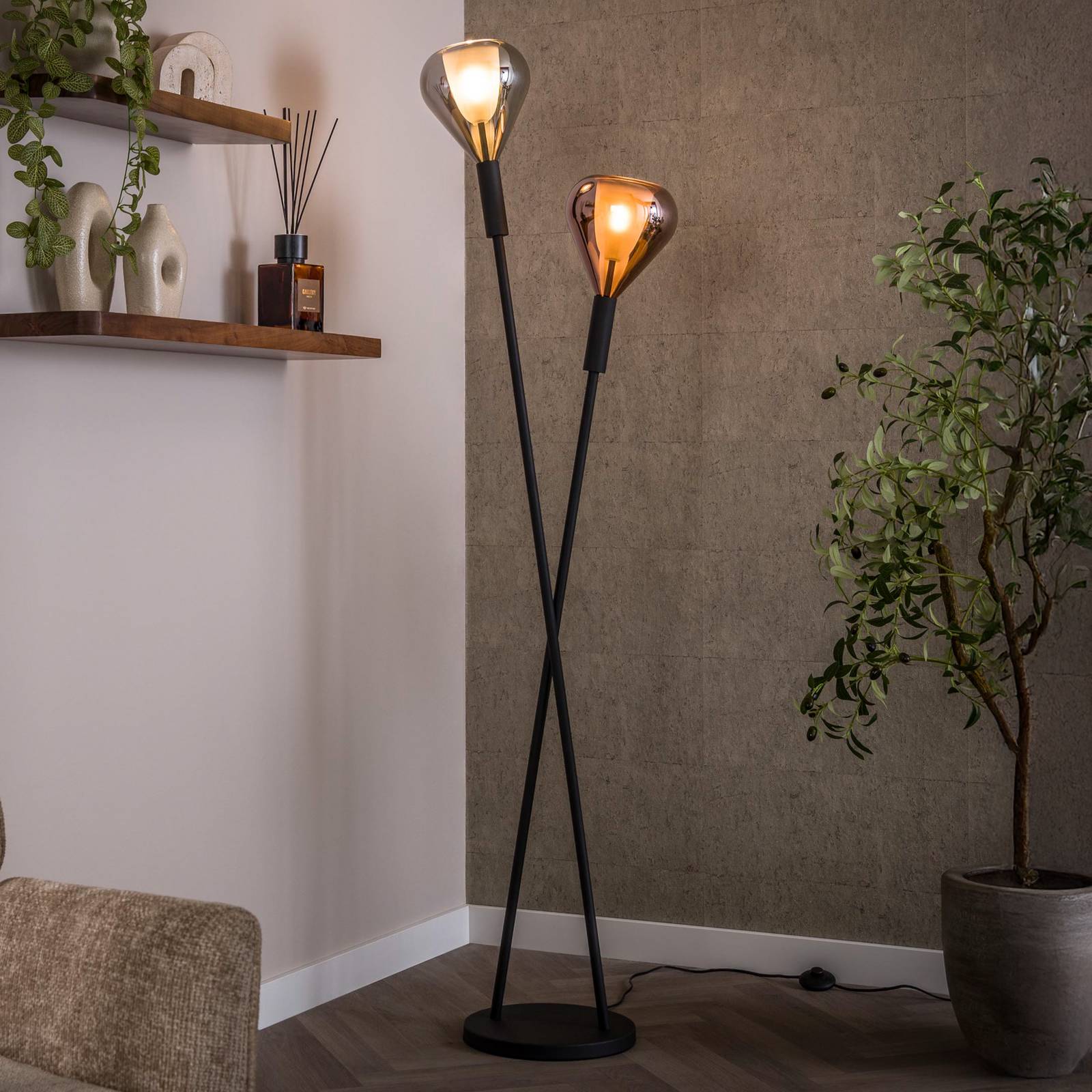 E-shop Stojacia lampa Wings, čierne/medené/chrómové, 2-pl., 175 cm, G9
