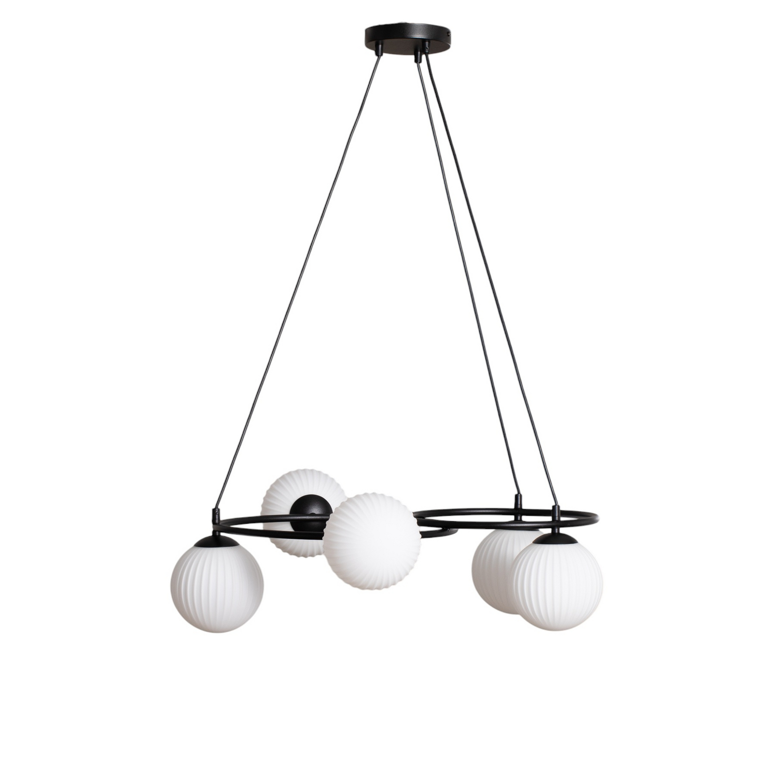 Libra living room lamp, opal/black, Ø 70 cm, glass, 5-bulb.