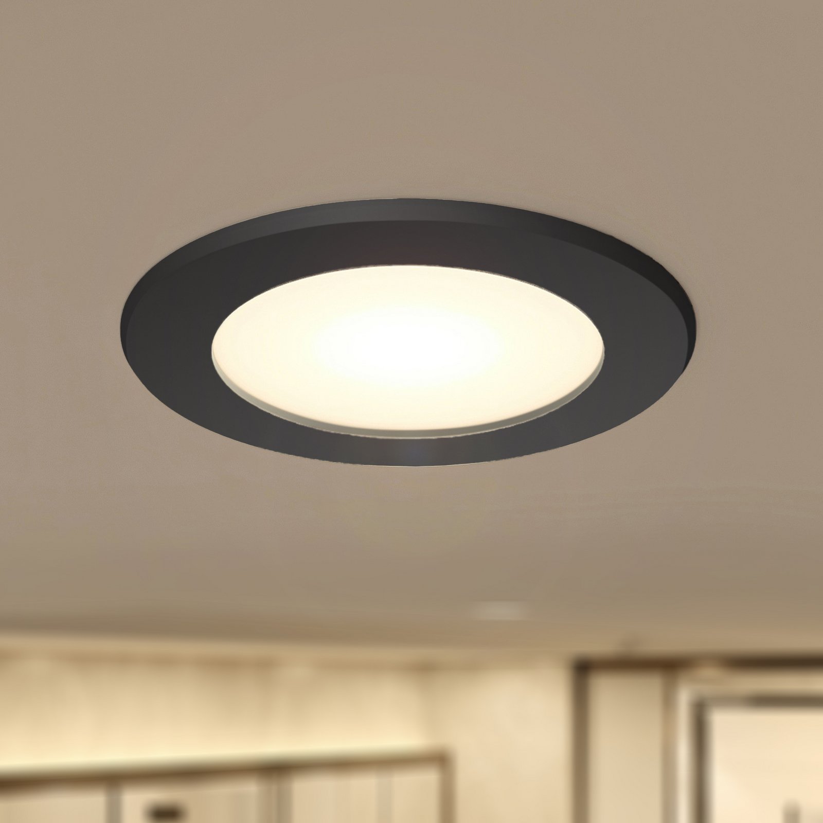 Prios LED recessed spotlight Rida, black, Ø 10 cm, CCT, IP44