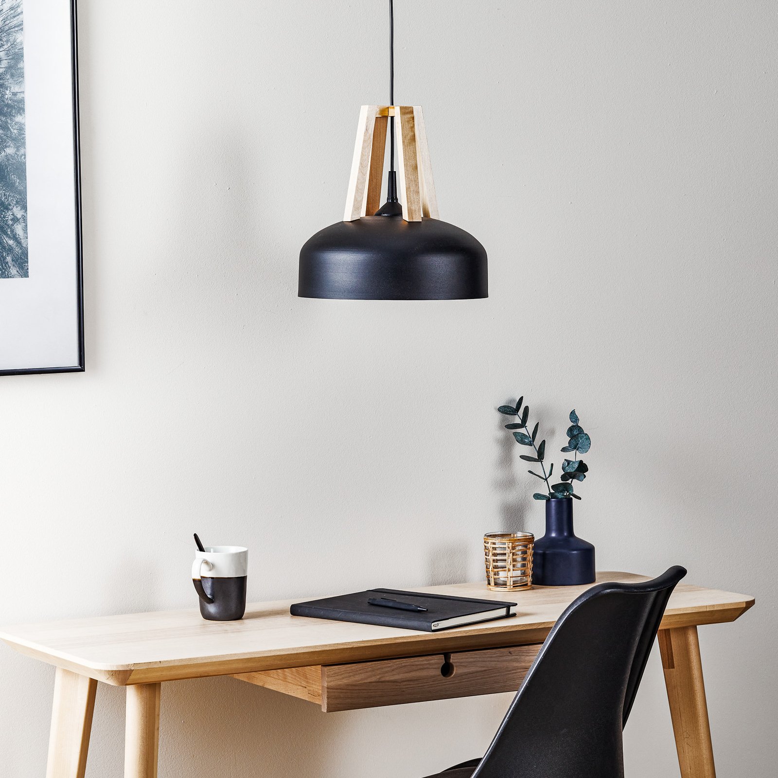 North hanging light, natural wood, black lampshade