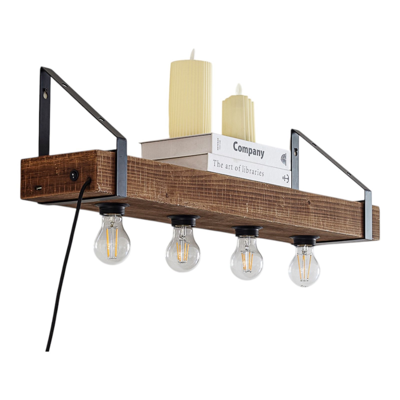 Lindby sienas lampa Vatana, koks, kontaktdakša, USB ports, 80 cm