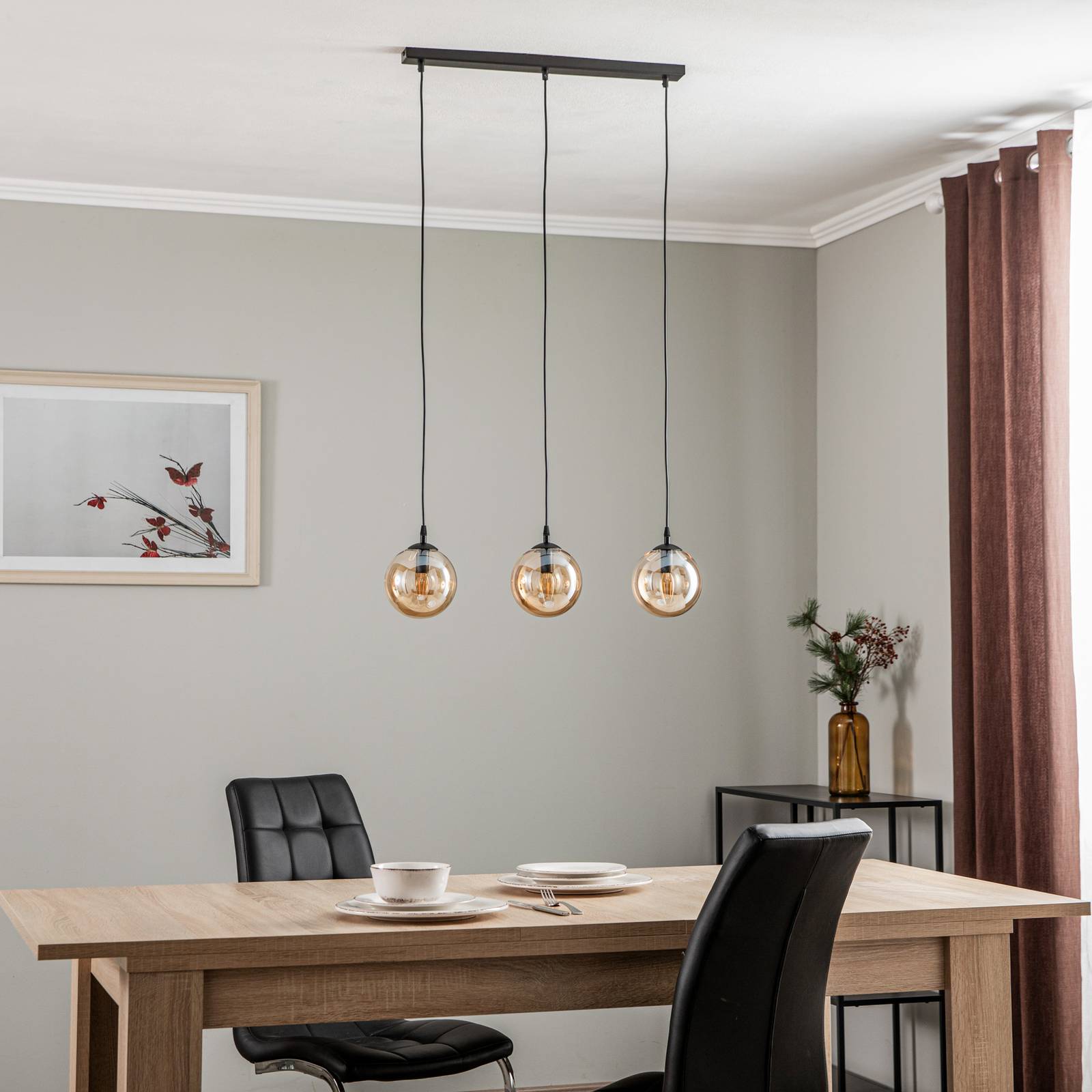 Lampa wisząca Glassy, 3-punktowa, prosta, czarna, bursztynowa, szklana