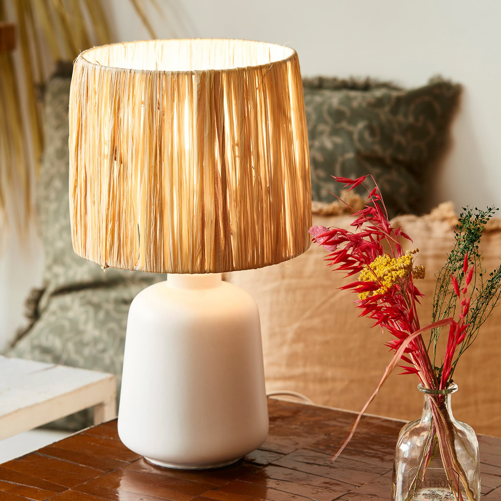 COREP Lampa de masă Paros alb/natur înălțime 34 cm rafie/ceramică - Camera de zi / sufragerie - alb natural