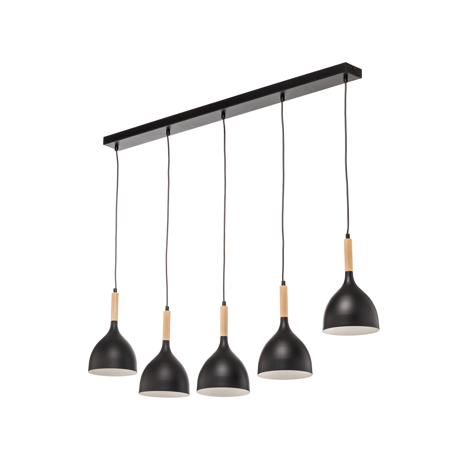 Hanging light Nanu with wood long 5-bulb black