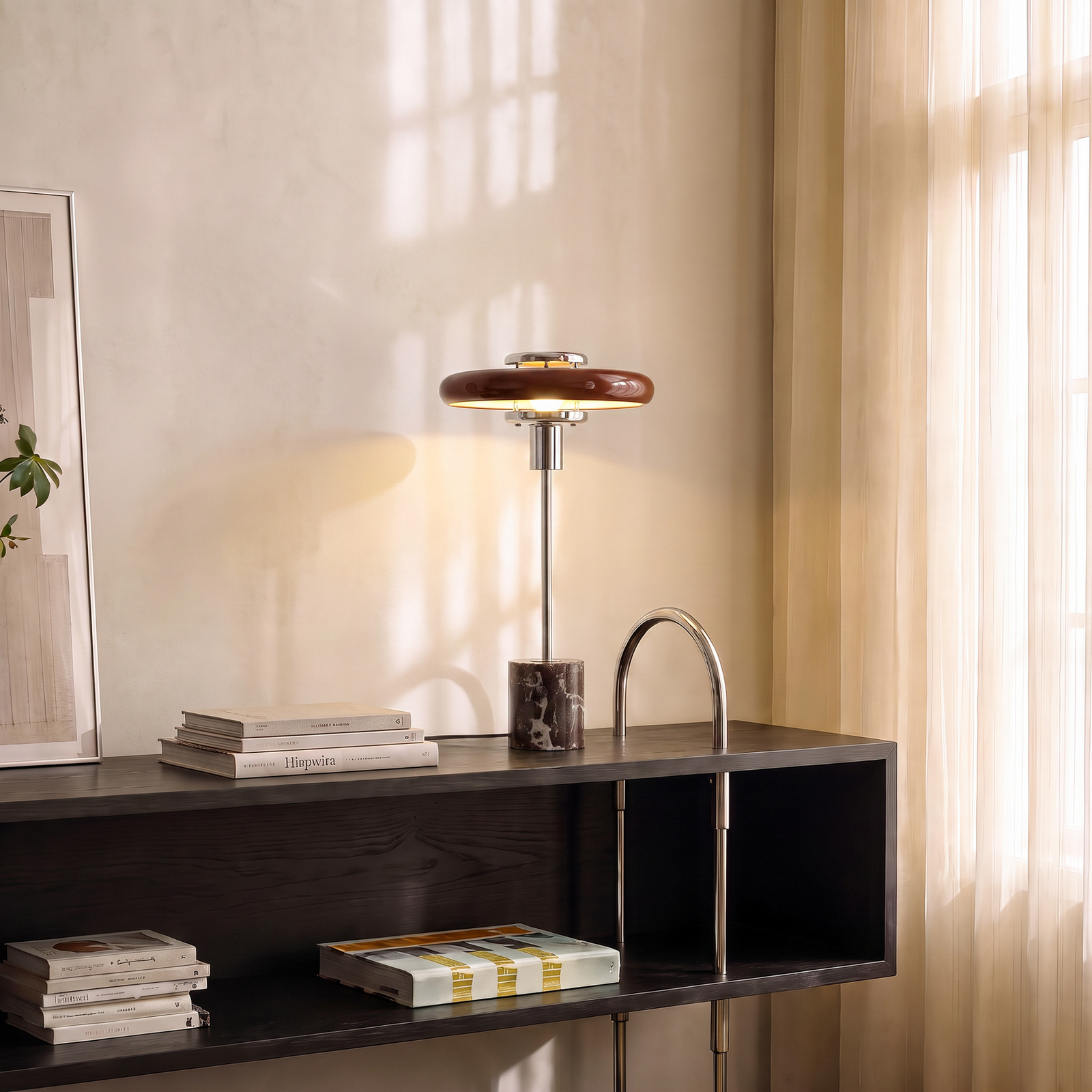 Lindby Tischleuchte Branford, Retro, burgund, Glas/Marmor Lindby Tischleuchte Branford, Retro, burgund, Glas/Marmor