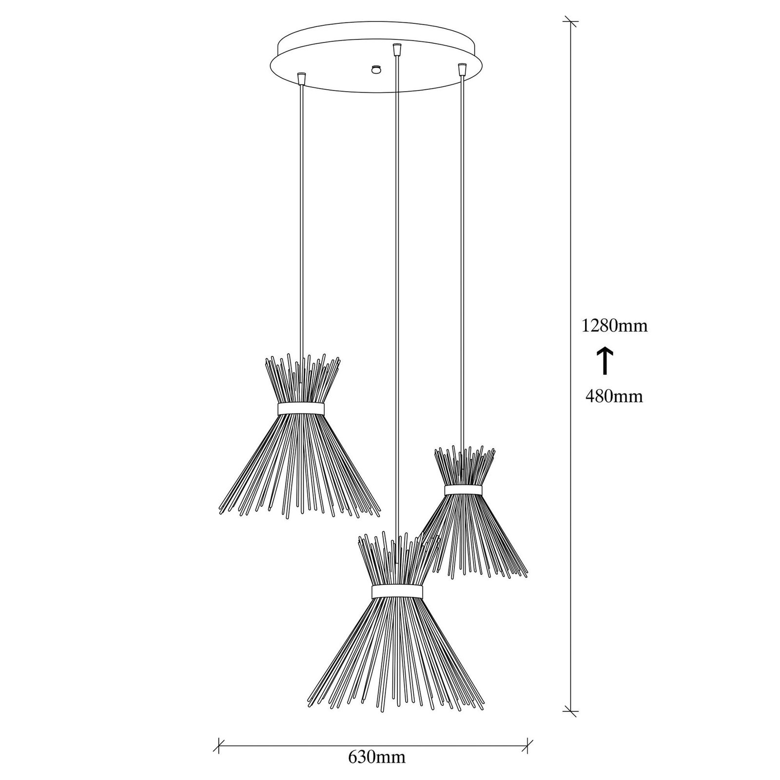 Suspension Kirpi 3086, doré, métal, 3 lampes rondes