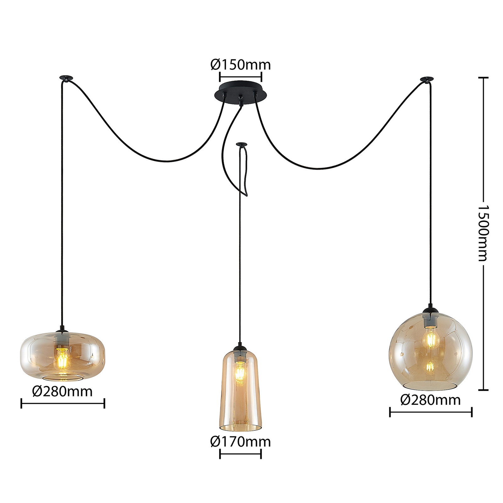 Lucande Zyli suspension, à 3 lampes, ambrée