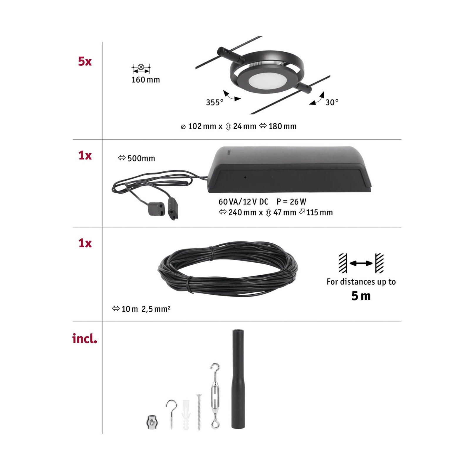 Wire RoundMac LED-Seilsystem 5-flg. schwarz - Paulmann