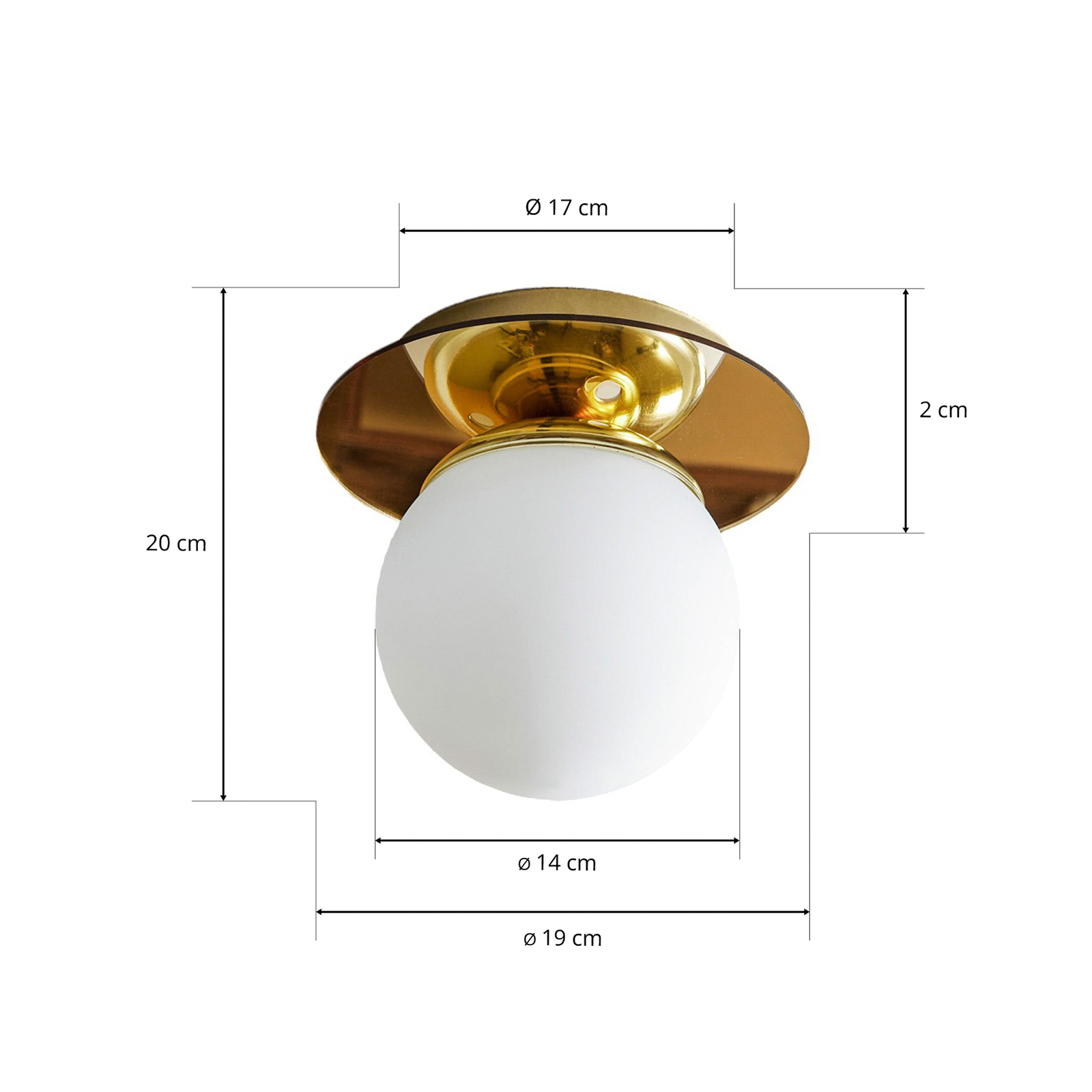 Plato plafondlamp, goudkleurig, metaal, opaalglas, Ø 19 cm