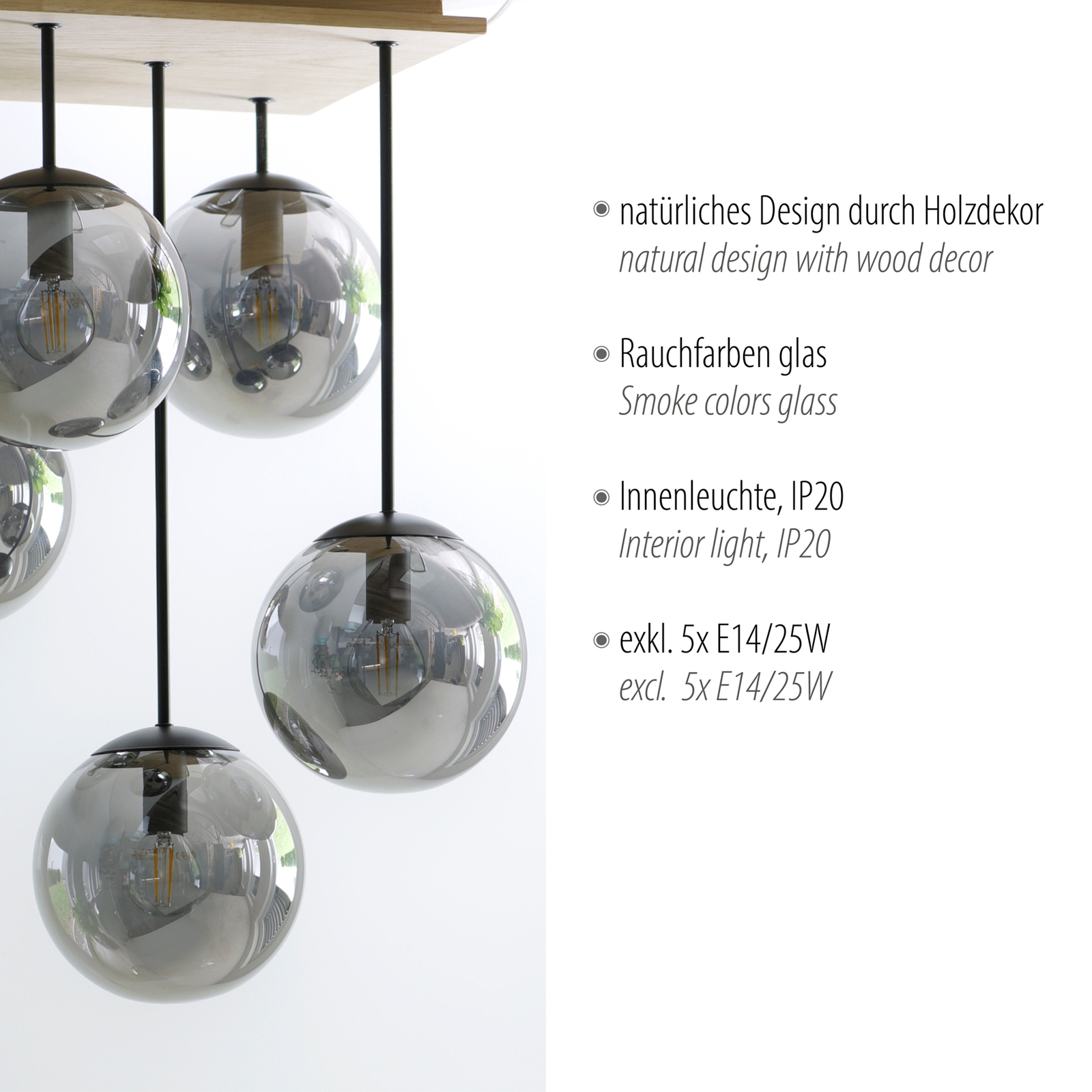 Green Widow ceiling light, glass globes, 5-bulb