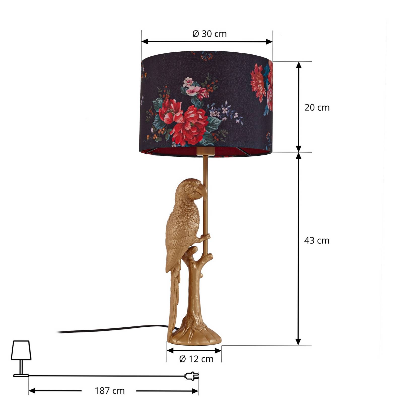 Lindby lampa stołowa Marula, złota, nadruk kwiatowy, tekstylna, E27