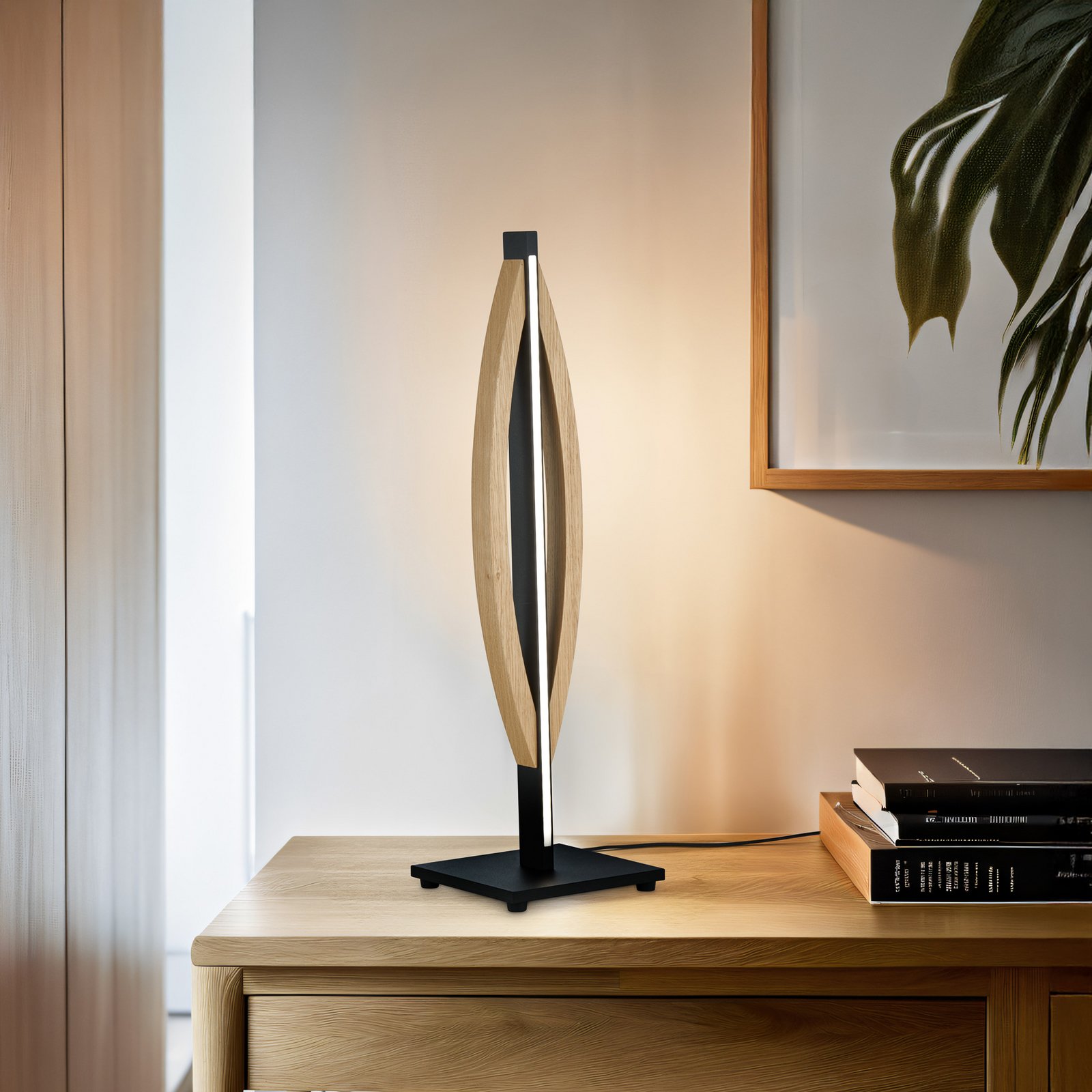 Quitani lámpara de mesa LED Kiera, roble/negro mate
