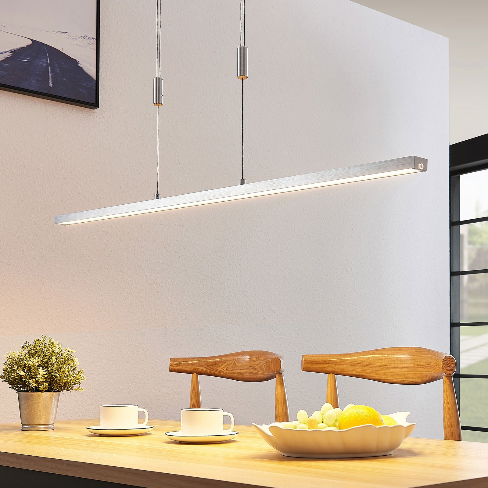 Lucande Myron LED hanging light with touch dimmer, for Living / Dining Room, aluminium, metal, 24.2 W, energy efficiency: A, L: 120 cm, W: 5 cm, H: 2 cm