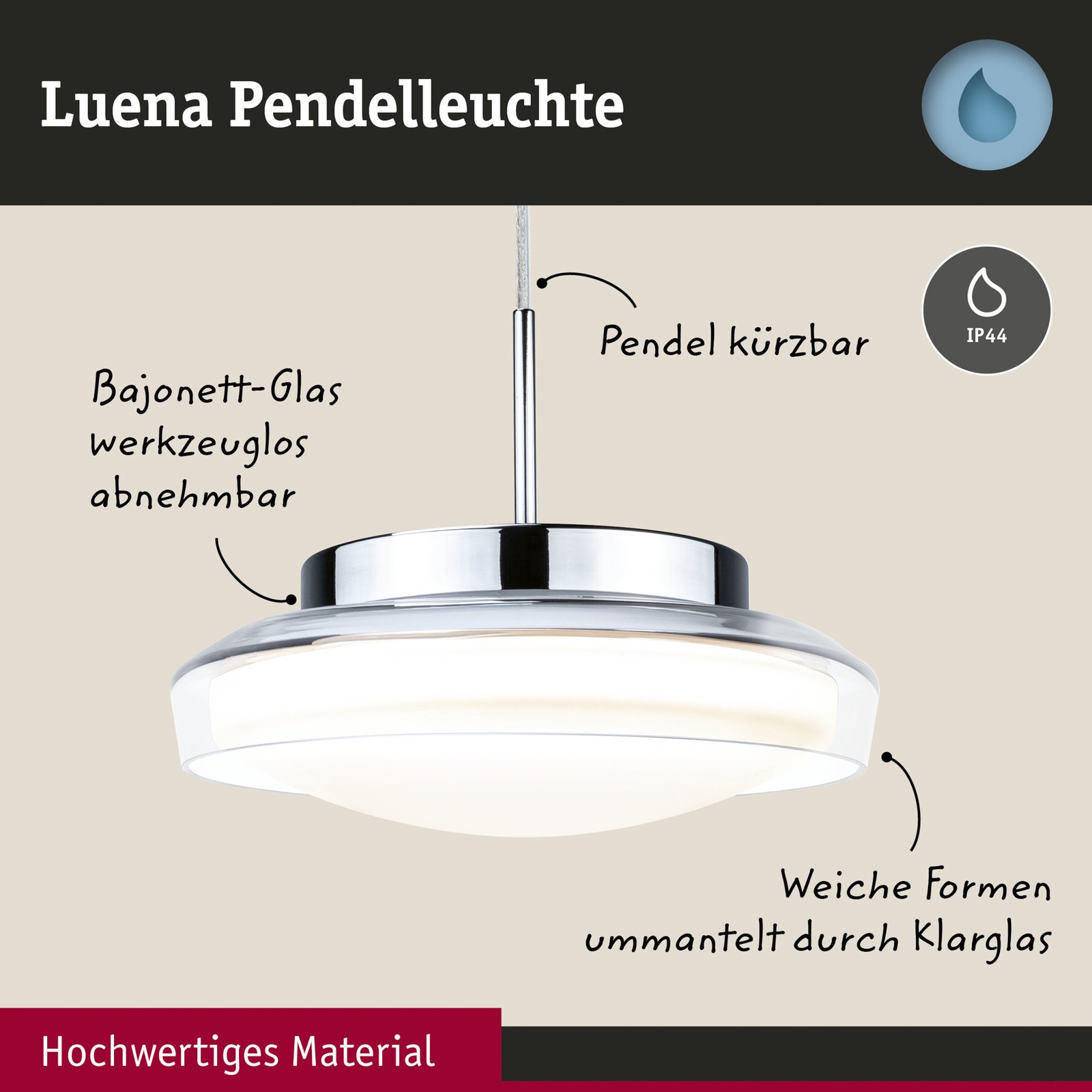 Paulmann Luena LED-hänglampa IP44 krom Ø25cm