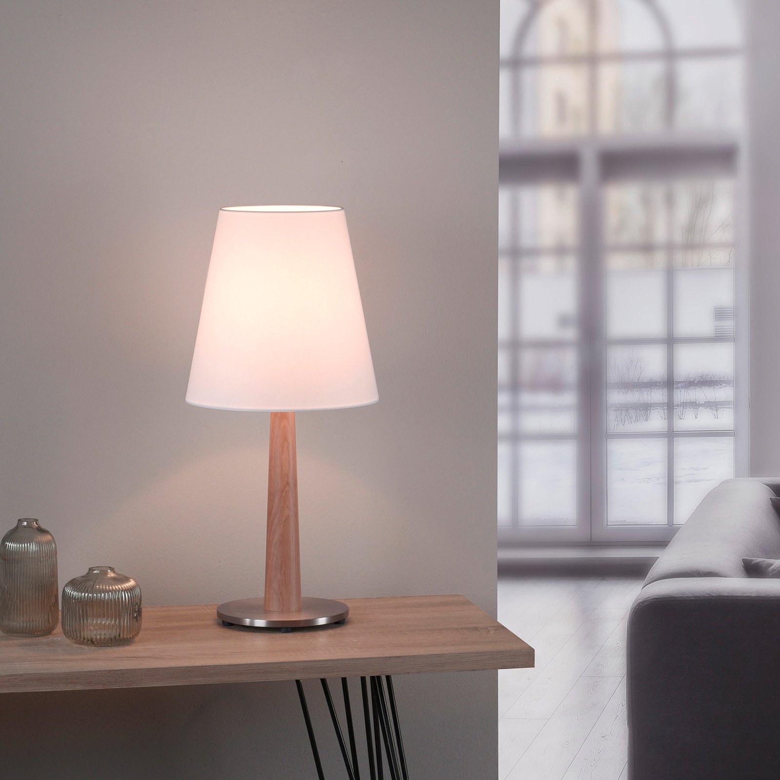 Lucande Elif table lamp white conical natural oak, for Living / Dining Room, steel, chintz, oak, E27, 40 W, energy efficiency: A++, H: 60 cm