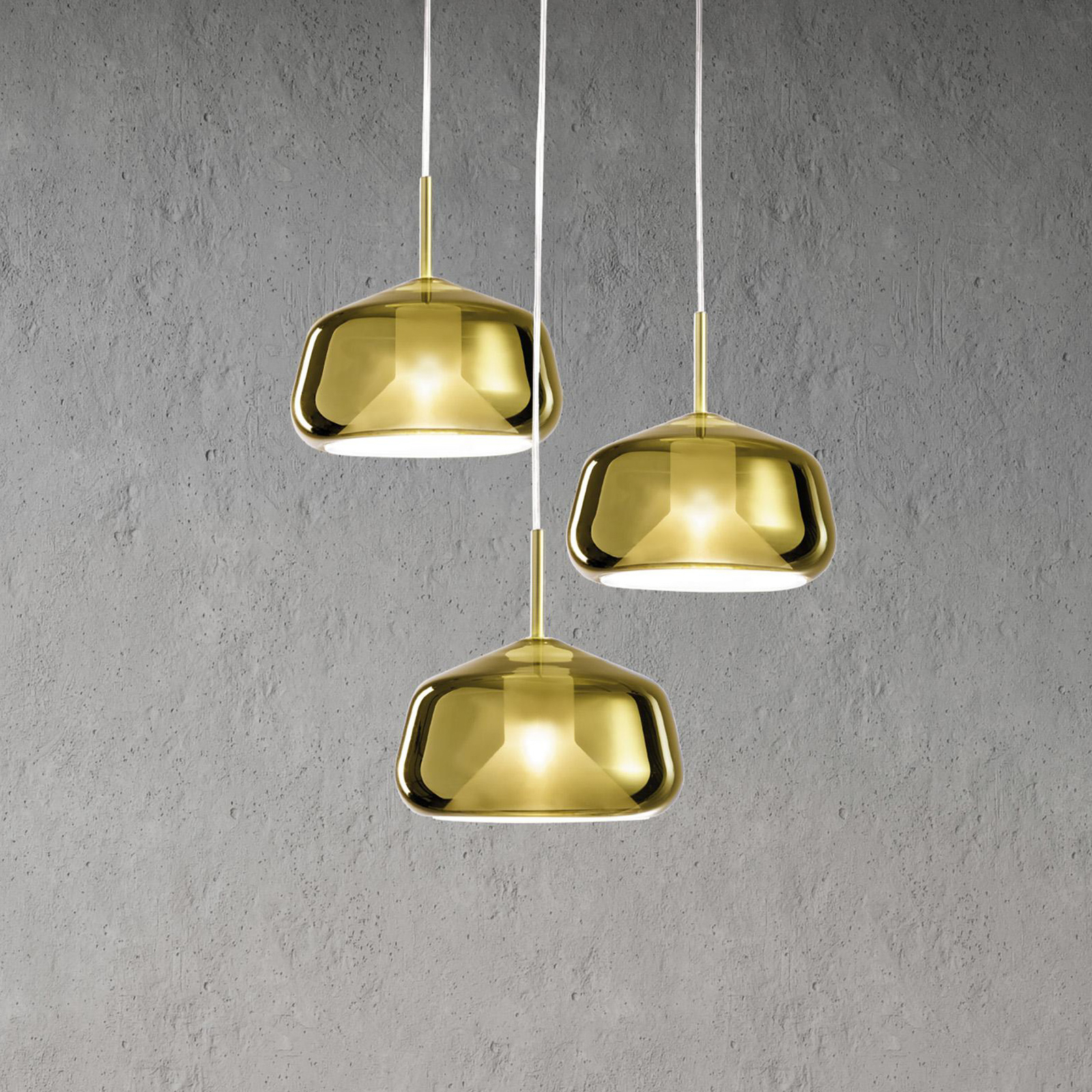 Pendant light X-Ray, gold-coloured, 3-bulb round, glass