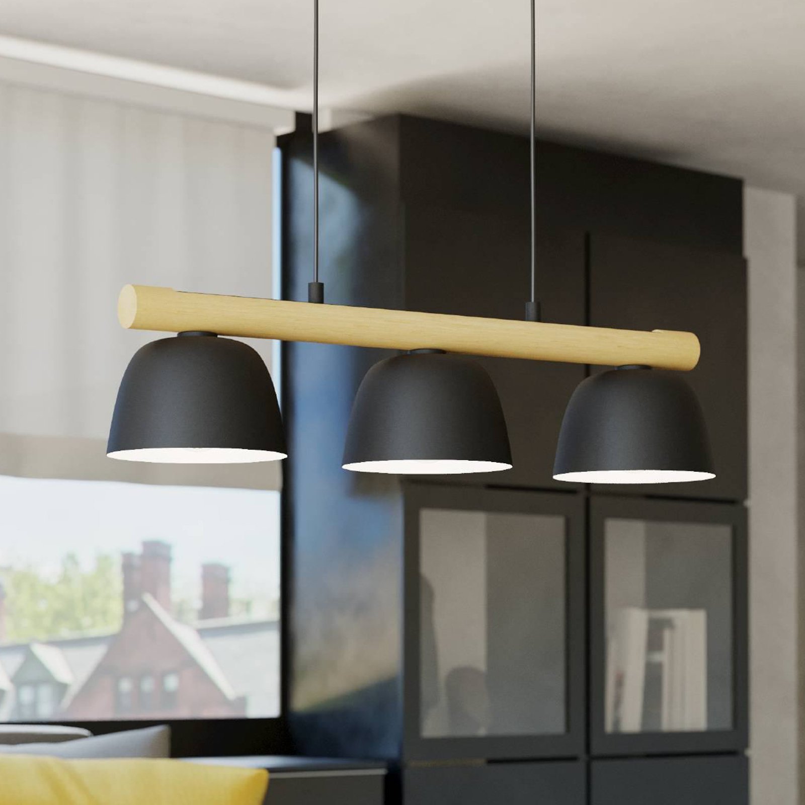 Hanglamp Sherburn, lengte 77 cm, zwart/bruin, 3-lamps.