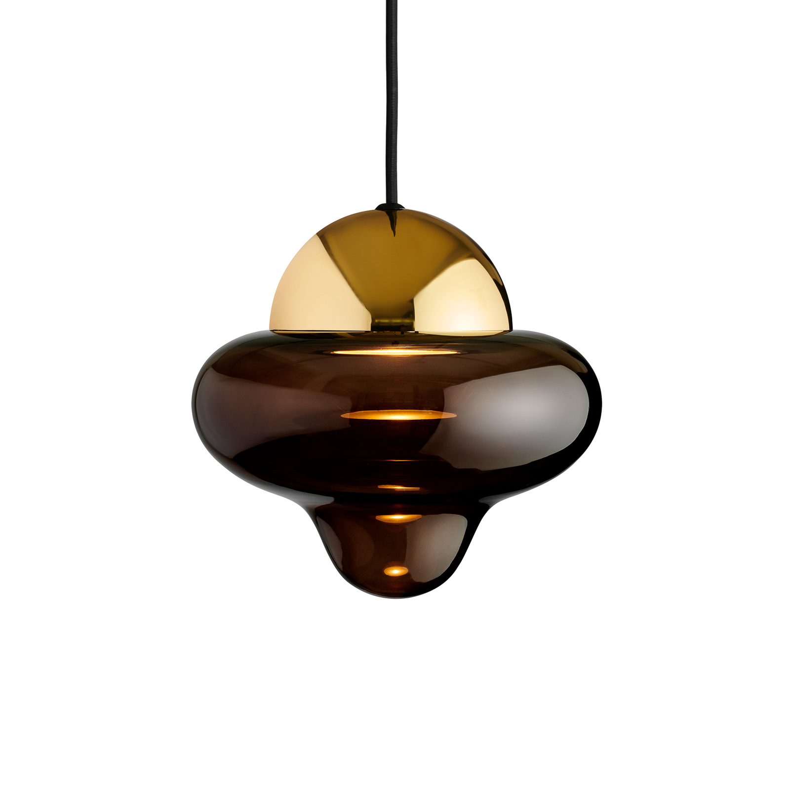 Suspension LED Nutty, brun / doré, Ø 18,5 cm, verre