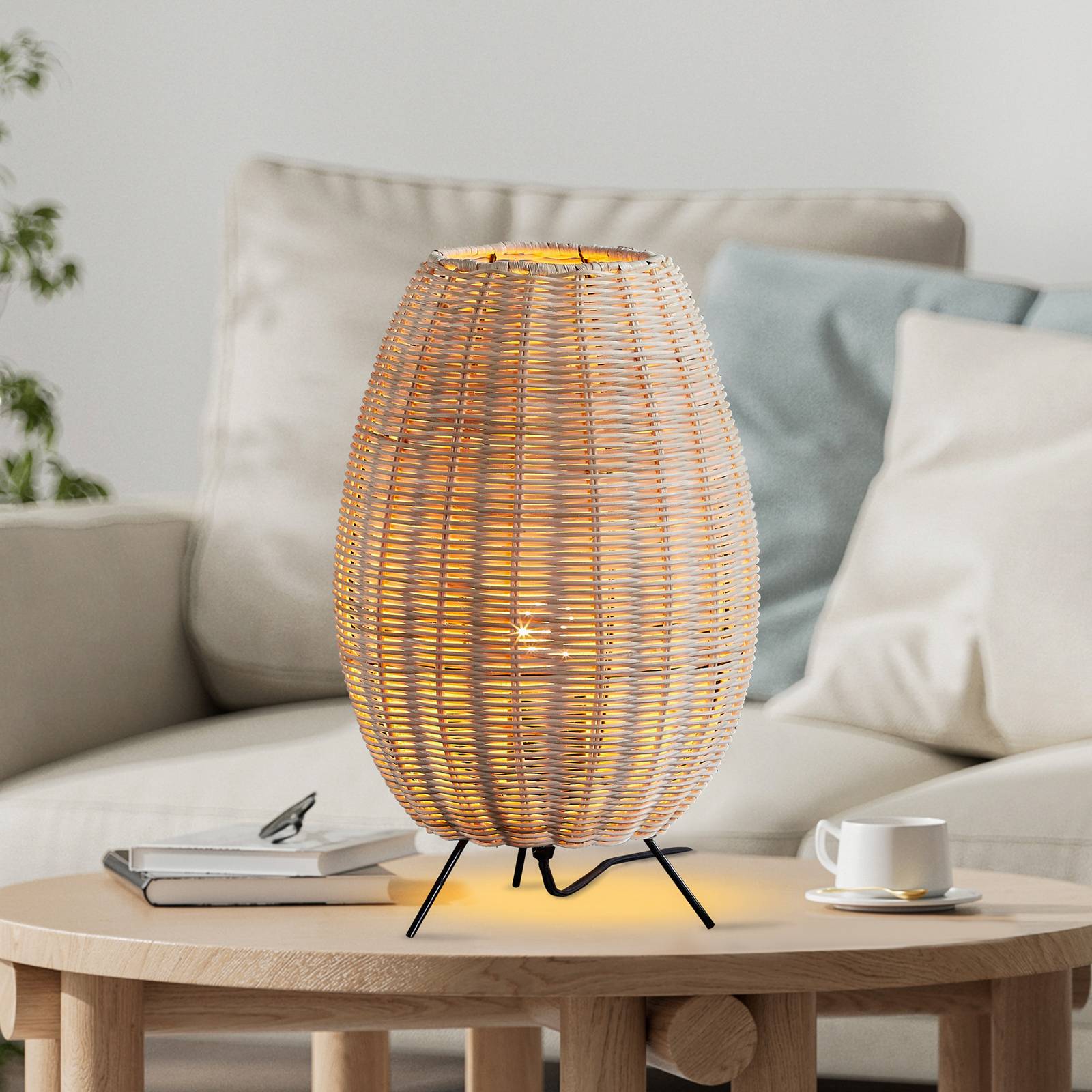 Lindby Tischleuchte Oliana, Rattan, Ø 23 cm, E27 günstig online kaufen