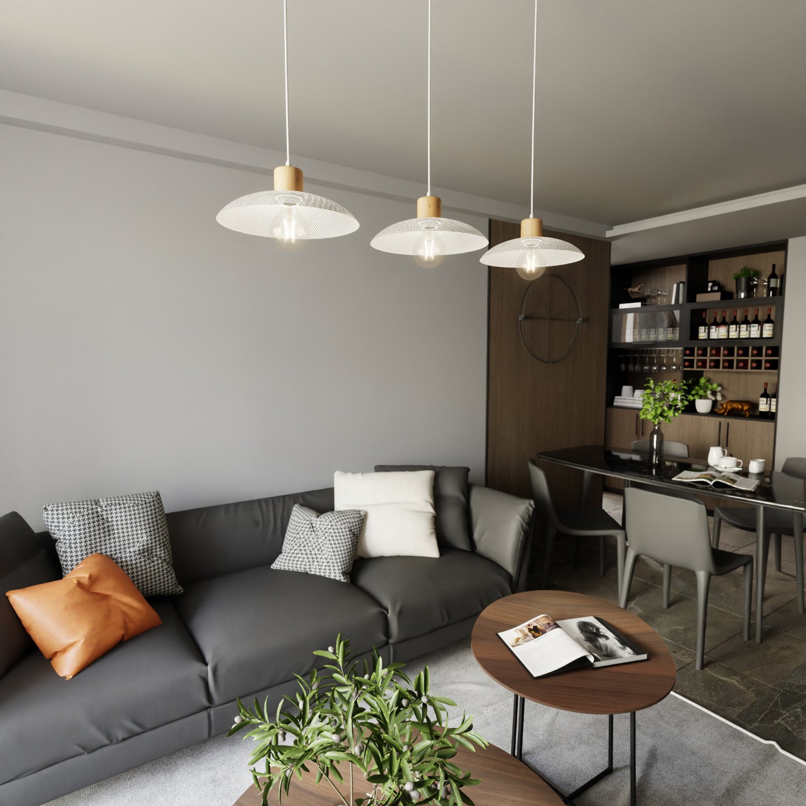 Hängeleuchte Kobe, dreiflammig, Stahl, Holz, weiß
