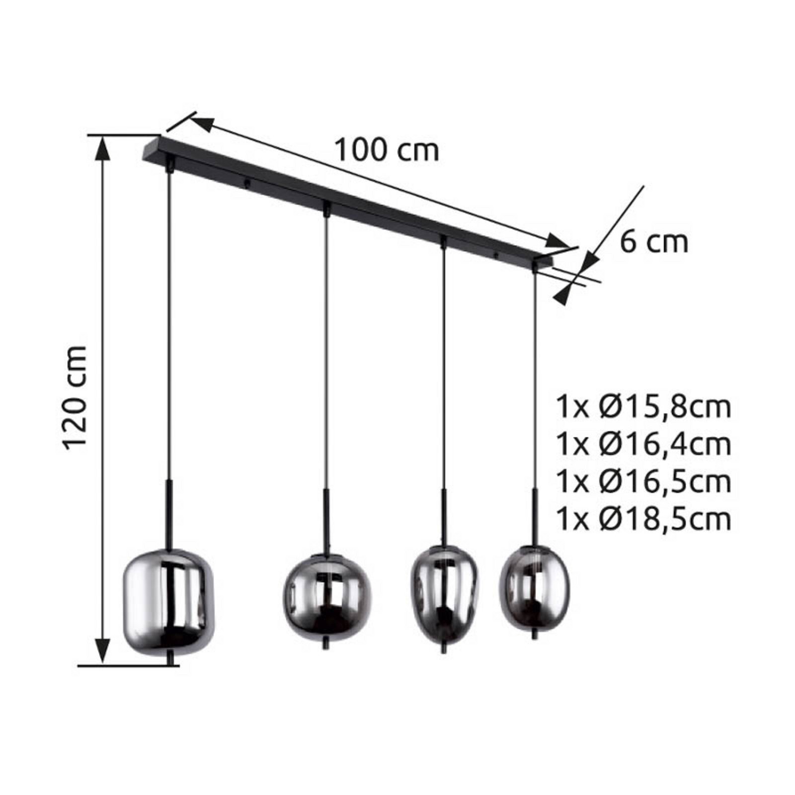 Globo Lampă suspendată Blacky negru/gri fumuriu lungime 110 cm 4 becuri. - Camera de zi / sufragerie - negru gri fumuriu-transparent - Sticlă