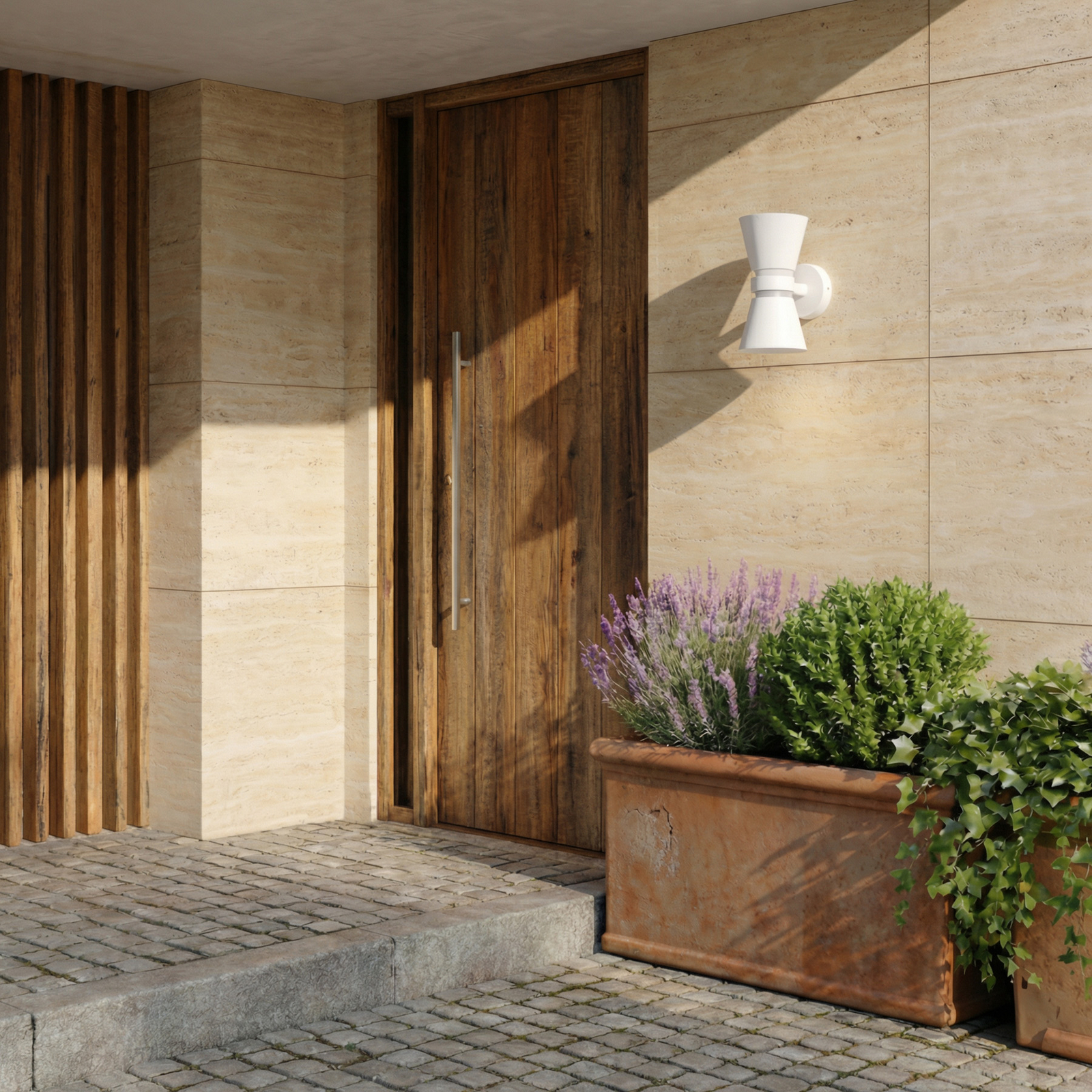 Lucande LED външна стенна лампа Meravi, бяла, с 2 лампи, IP44