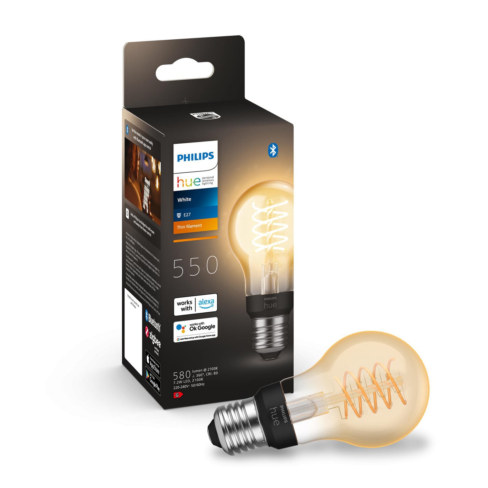 3x Philips Hue White E27 7W Filament A60 550lm - Plastic