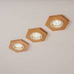 Sirion recessed spotlight, hexagonal, oak wood, set of 3