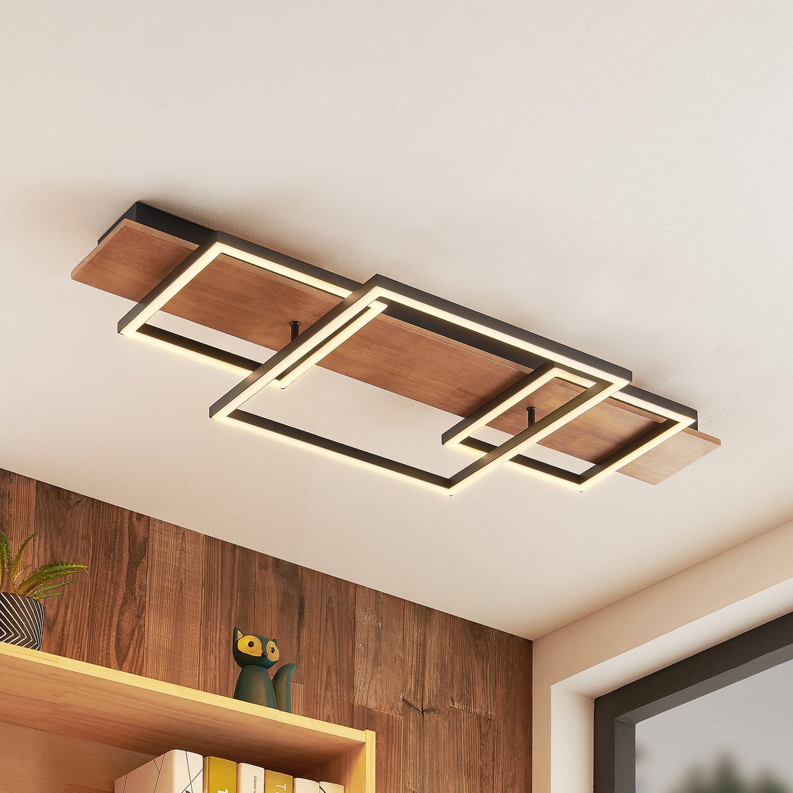 Lucande Chariska LED plafondlamp hout zwart 95cm