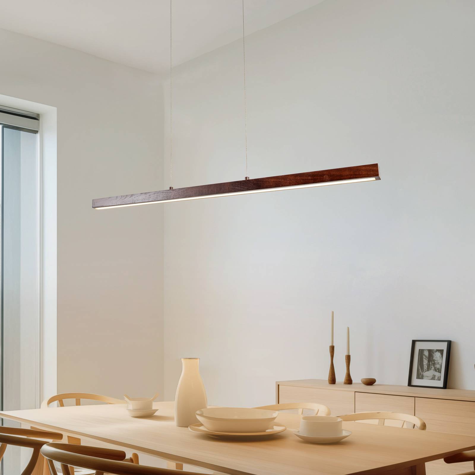 Lucande Żyrandol LED Nihalo, orzech, 122 cm, ściemniany, CCT