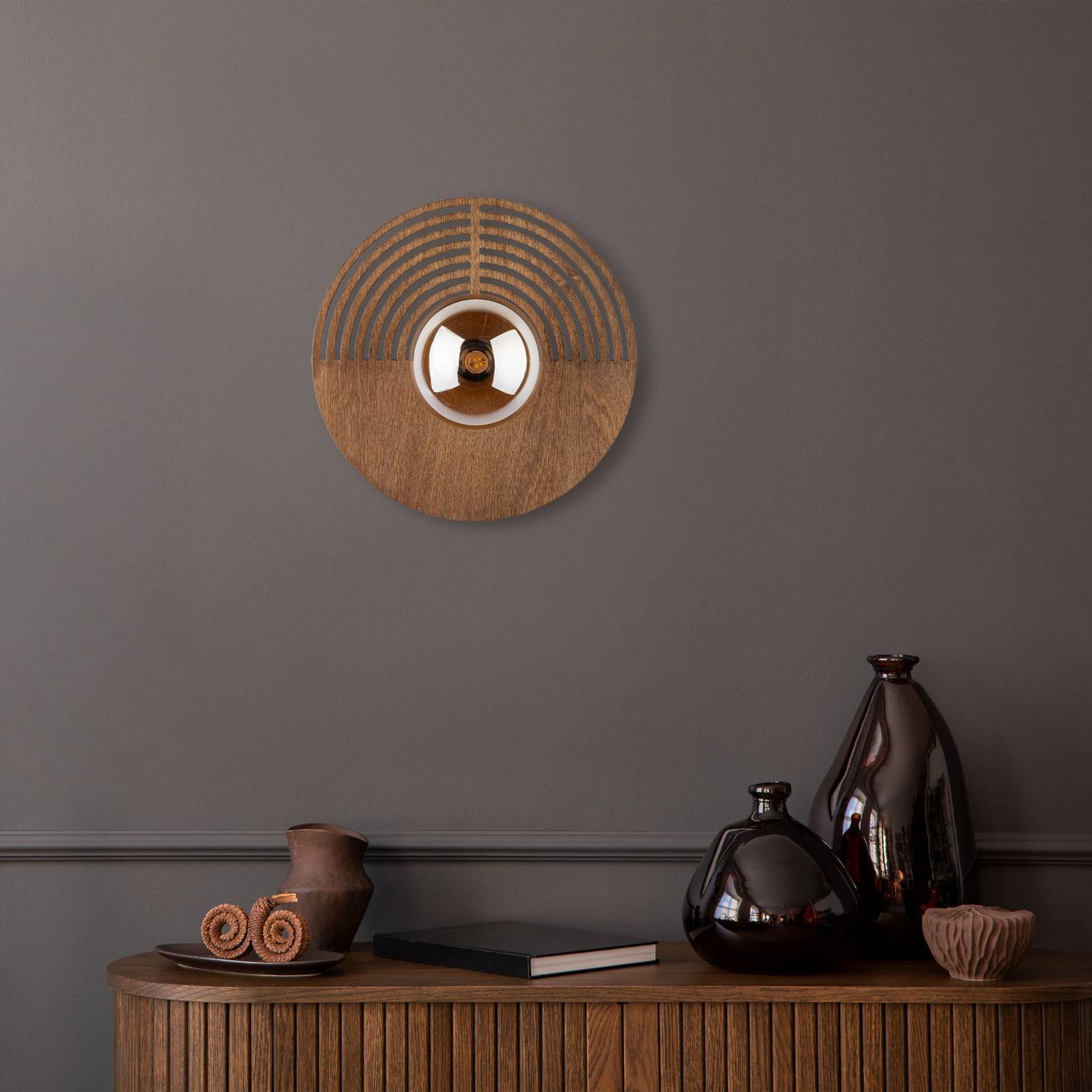Wandleuchte Lunar, weiß/holzfarben, Ø 30 cm, G9 günstig online kaufen