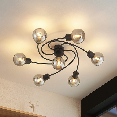 Lindby plafón Ciala, 7 luces, negro smoke