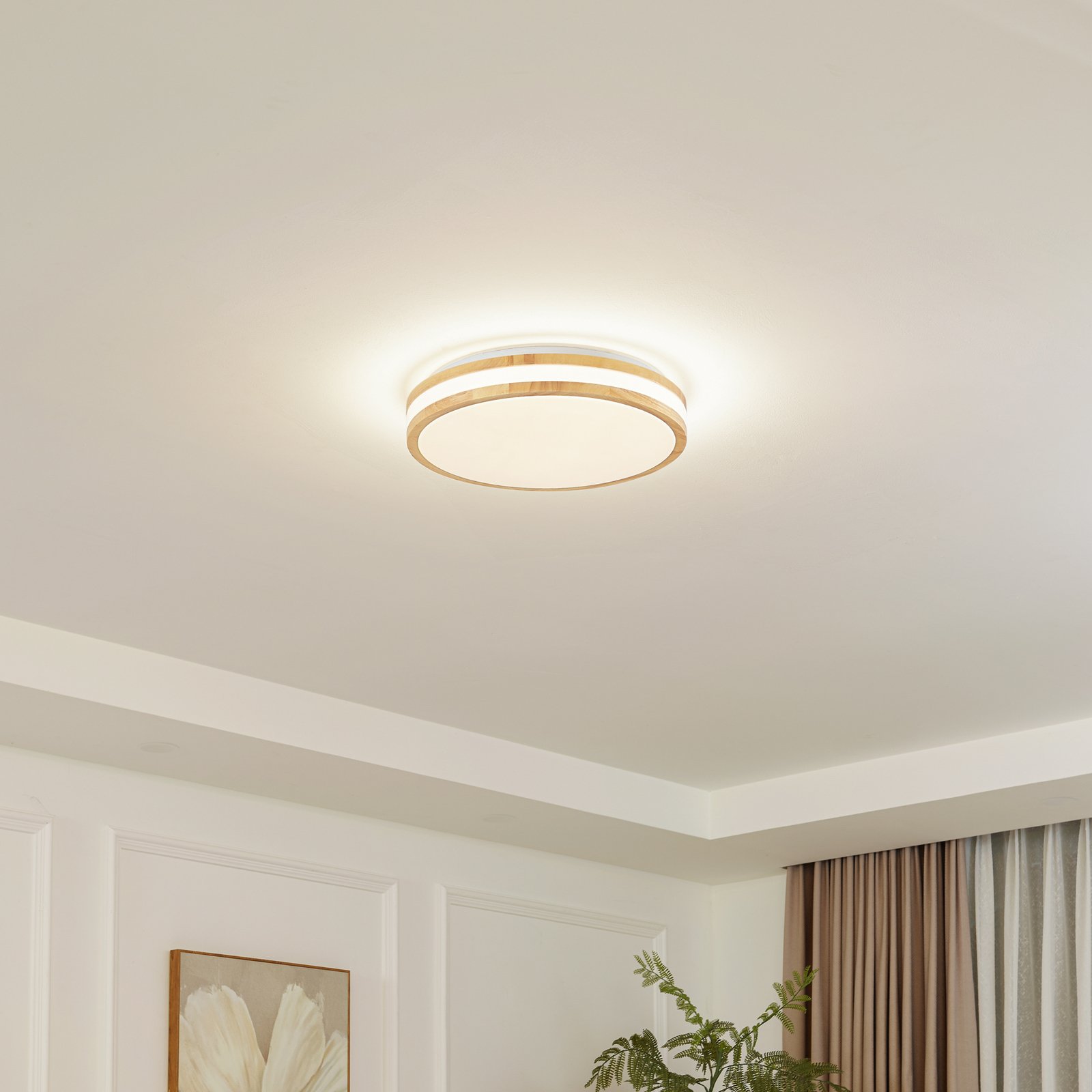 Lindby LED ceiling lamp Emiva, Ø 39.5 cm, CCT, wood