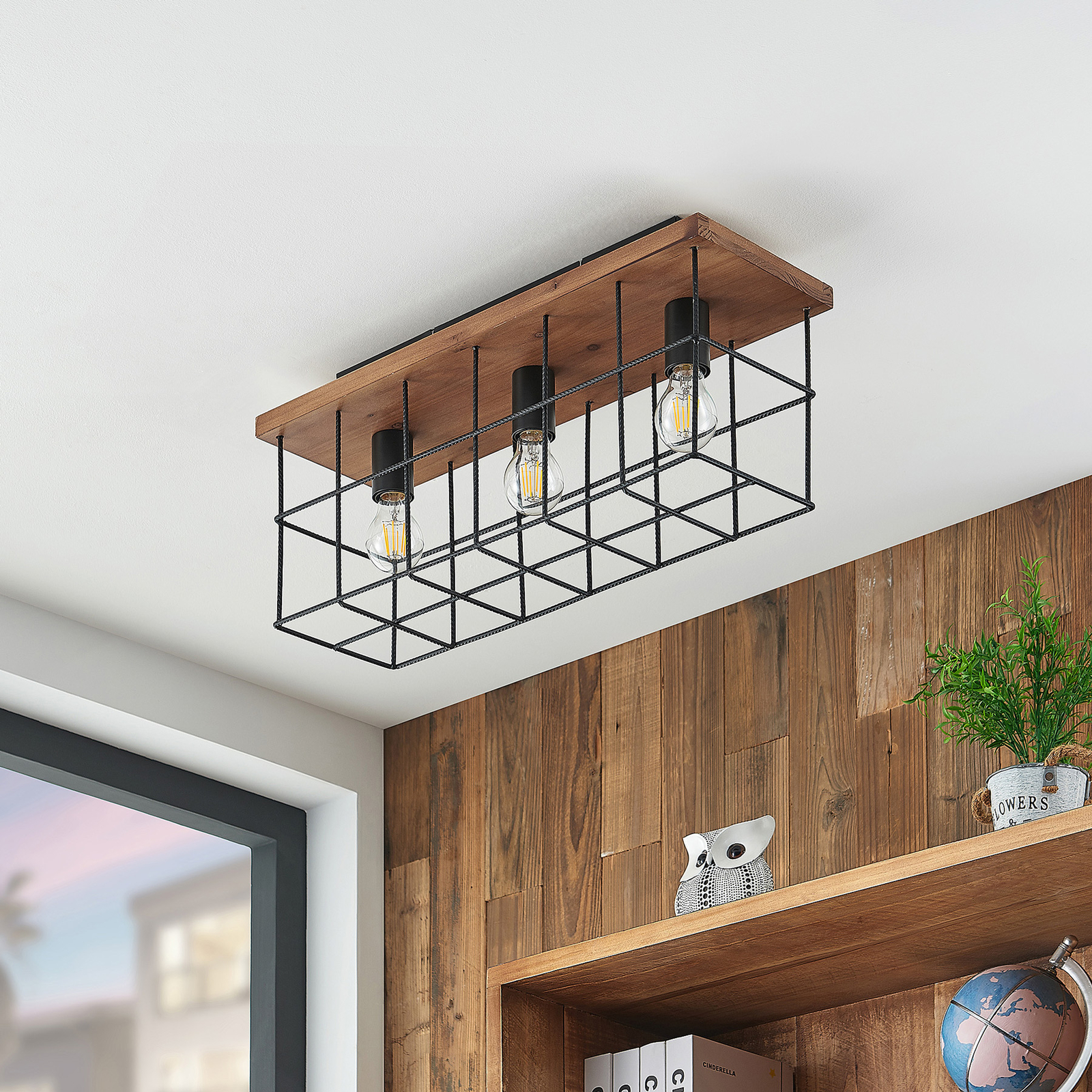 Lindby Mireille kooi-plafondlamp met hout, 3-lamps