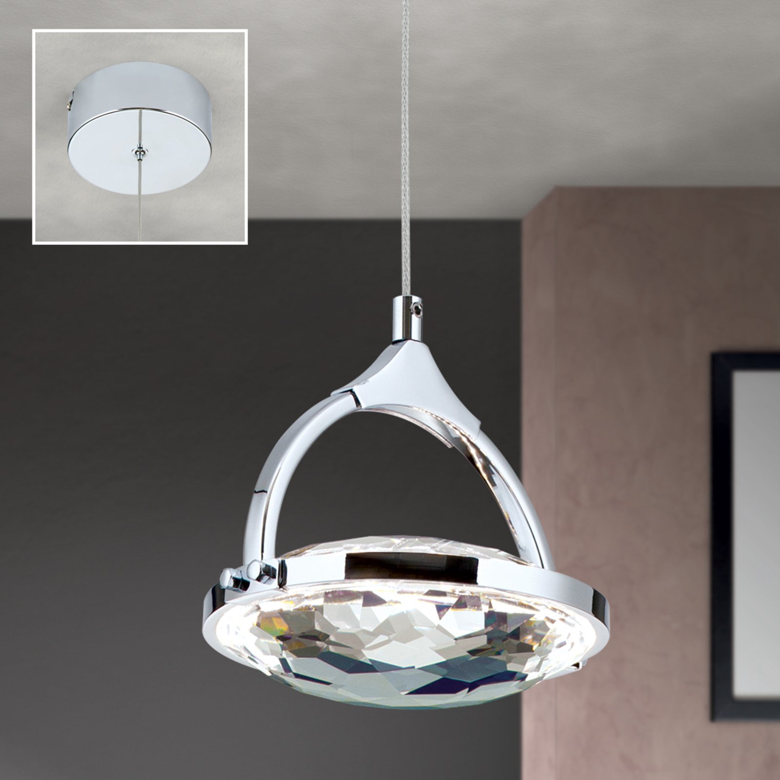 Moon LED pendant light, K9 crystal glass, one-bulb