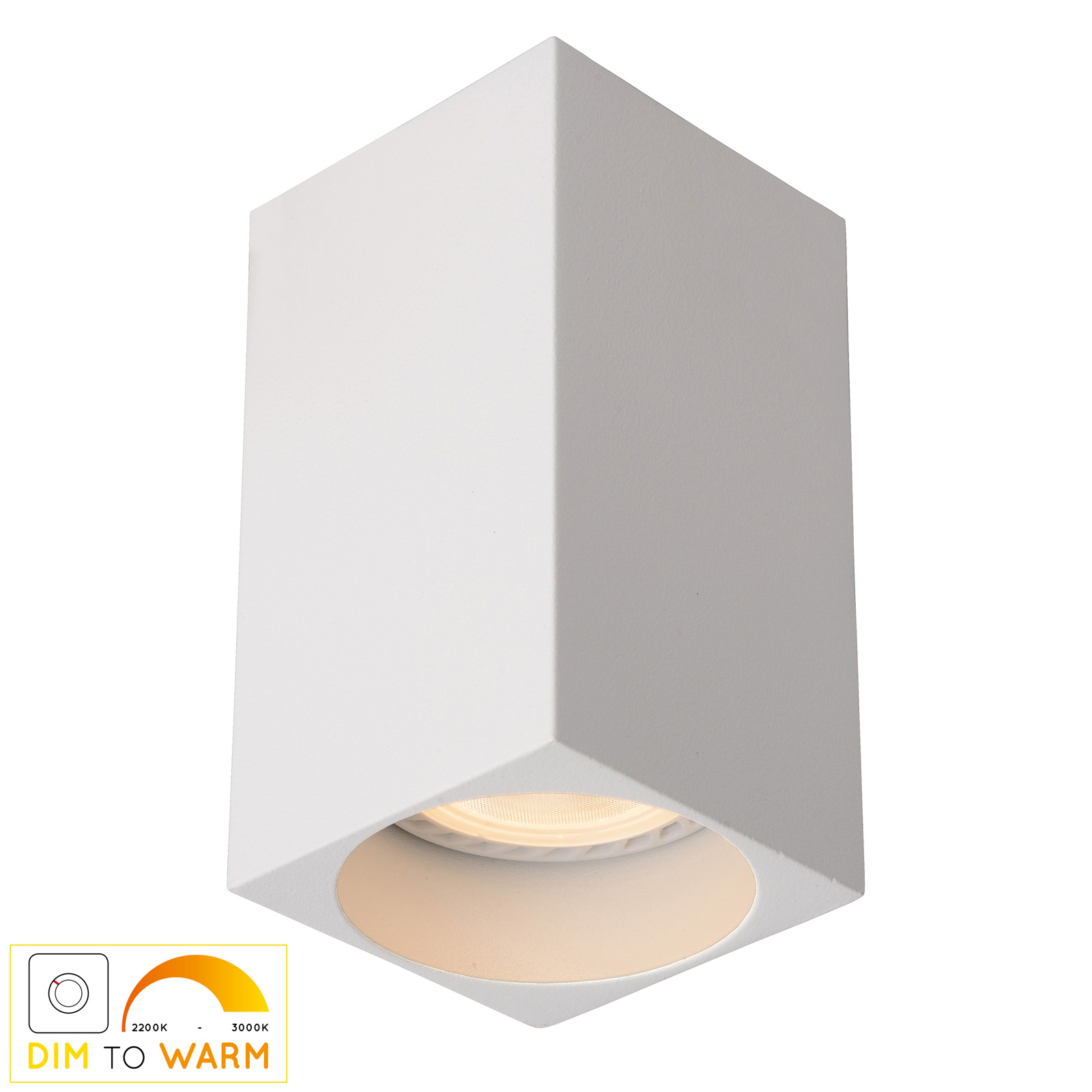 Lucide Delto LED ceiling light dim to warm, angular white, for Living / Dining Room, aluminium, GU10, 5 W, energy efficiency: A+, L: 5.5 cm, W: 5.5 cm, H: 10 cm