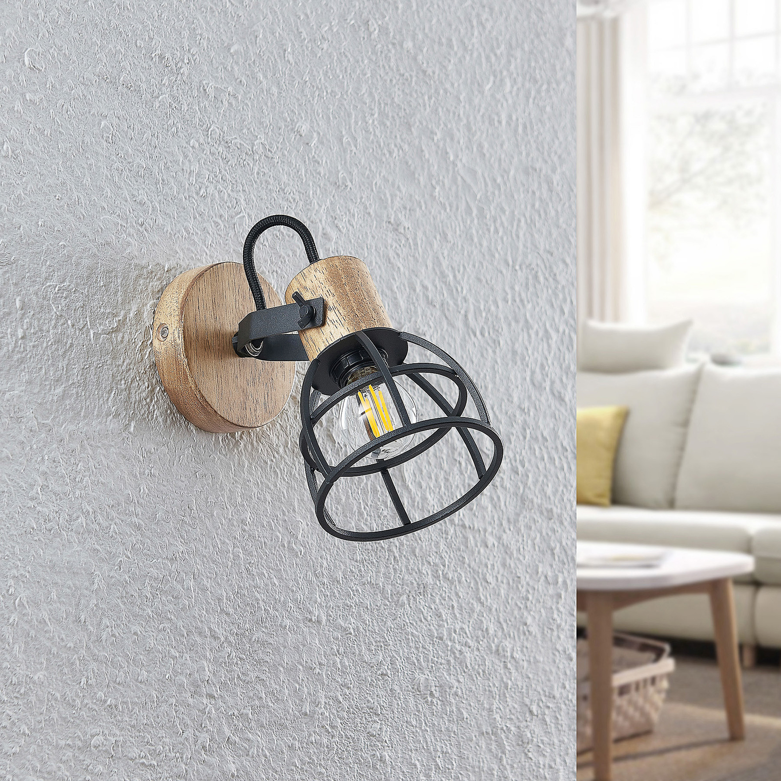 Lindby Flintos cage spotlight, one-bulb light wood