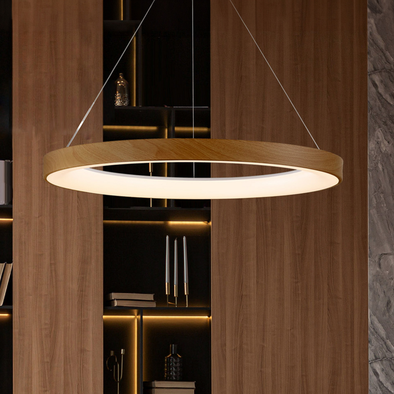 Mantra Iluminación Niseko II Smart LED viseća svjetiljka, Ø 65 cm, efekt drva, CCT - Dnevni boravak/blagovaonica - Moderan - drvo - Aluminij