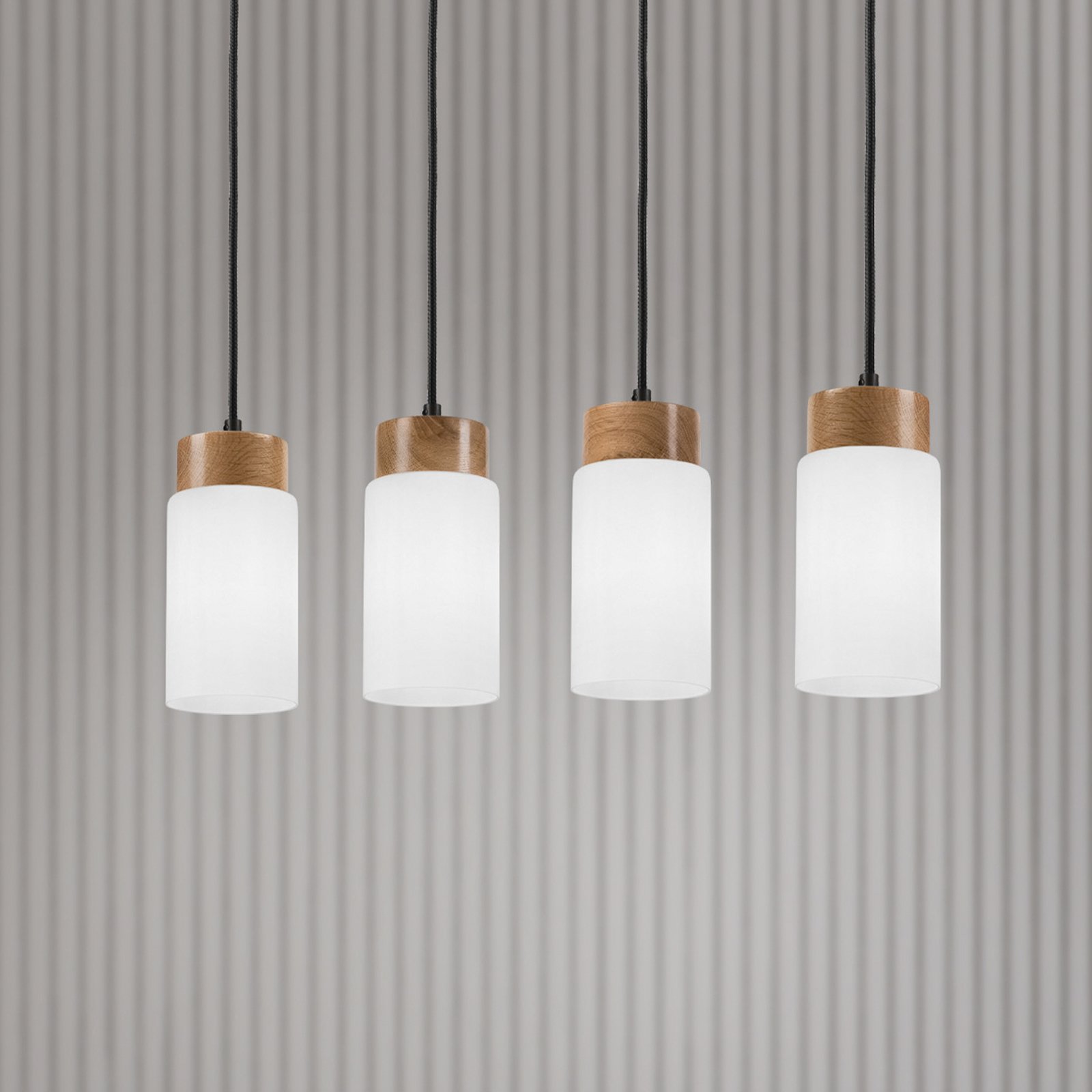 Markus pendant light, opal glass/oak, length 80 cm, 4-bulb.