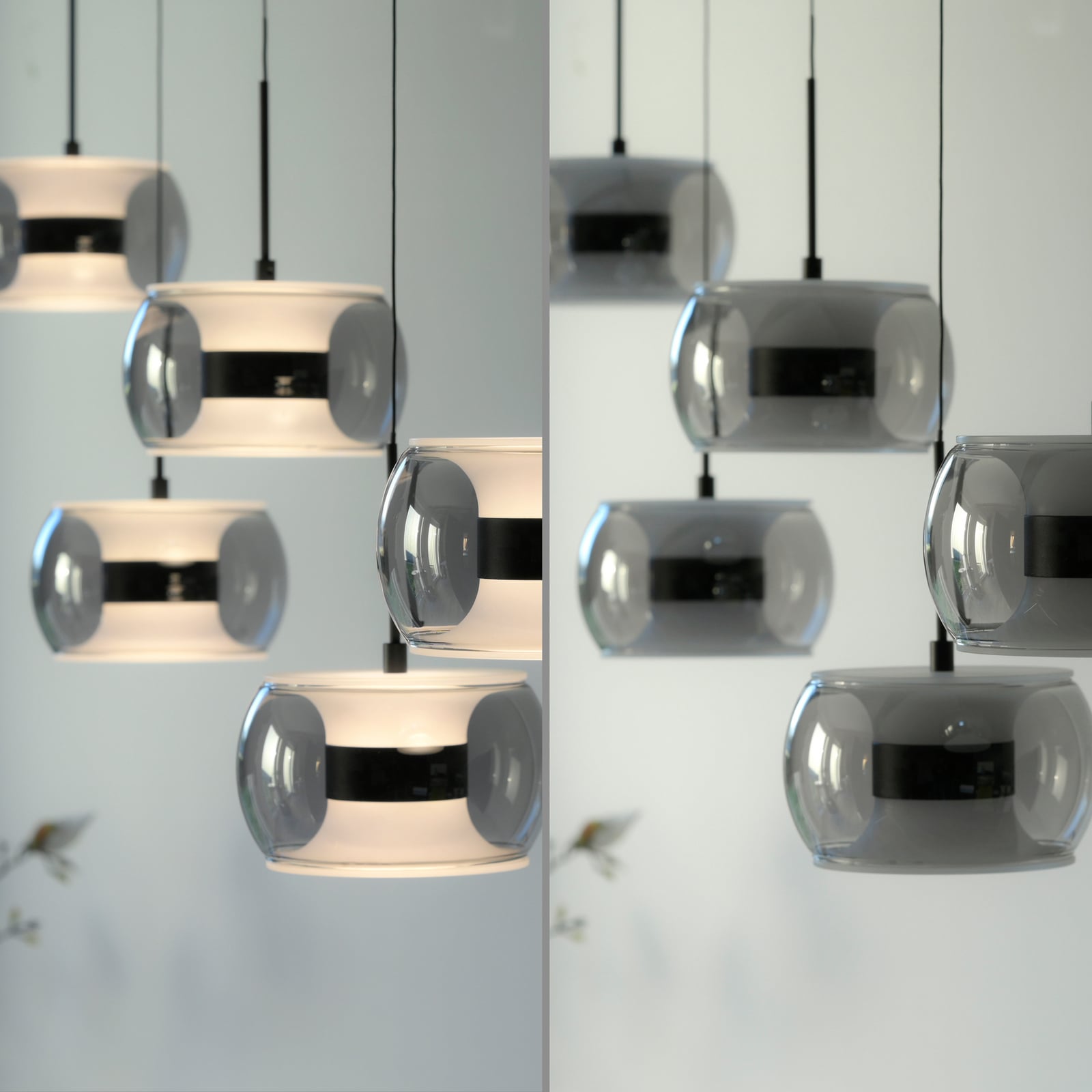 Fumea LED lógó lámpa, hossz: 119 cm, fekete/füstös üveg, CCT, 5 izzós Fumea LED lógó lámpa, hossz: 119 cm, fekete/füstös üveg, CCT, 5 izzós