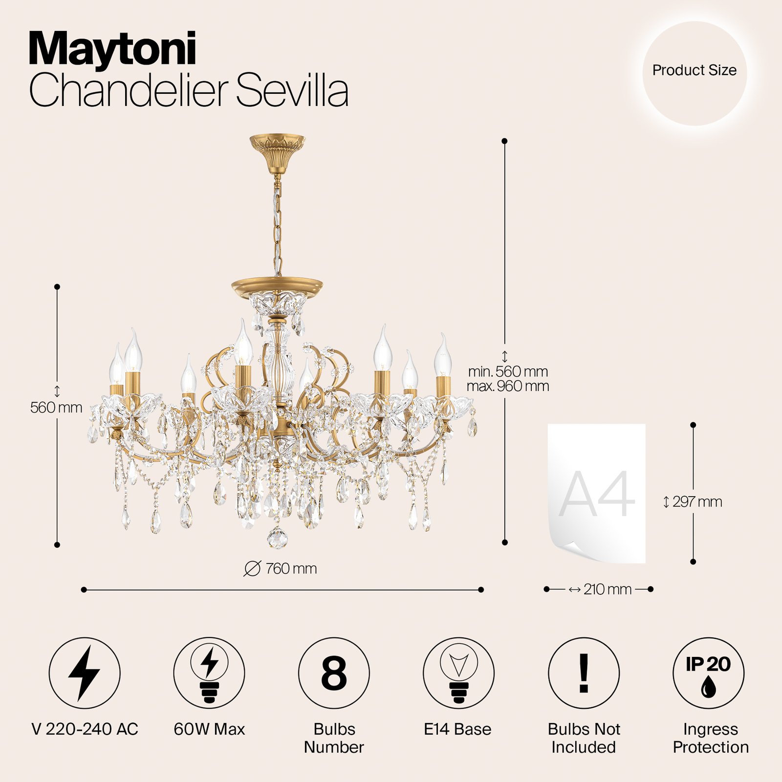 Lestenec Maytoni Sevilla, Ø 76 cm, zlate barve, kristali