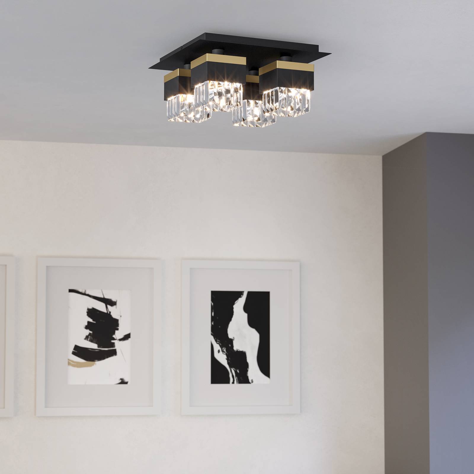 Deckenlampe Barrancas, schwarz/gold, Kristallglas günstig online kaufen