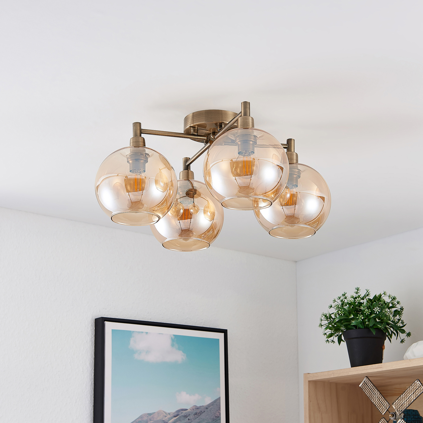 Lindby Brendan plafondlamp, bruin glas, 4-lamps