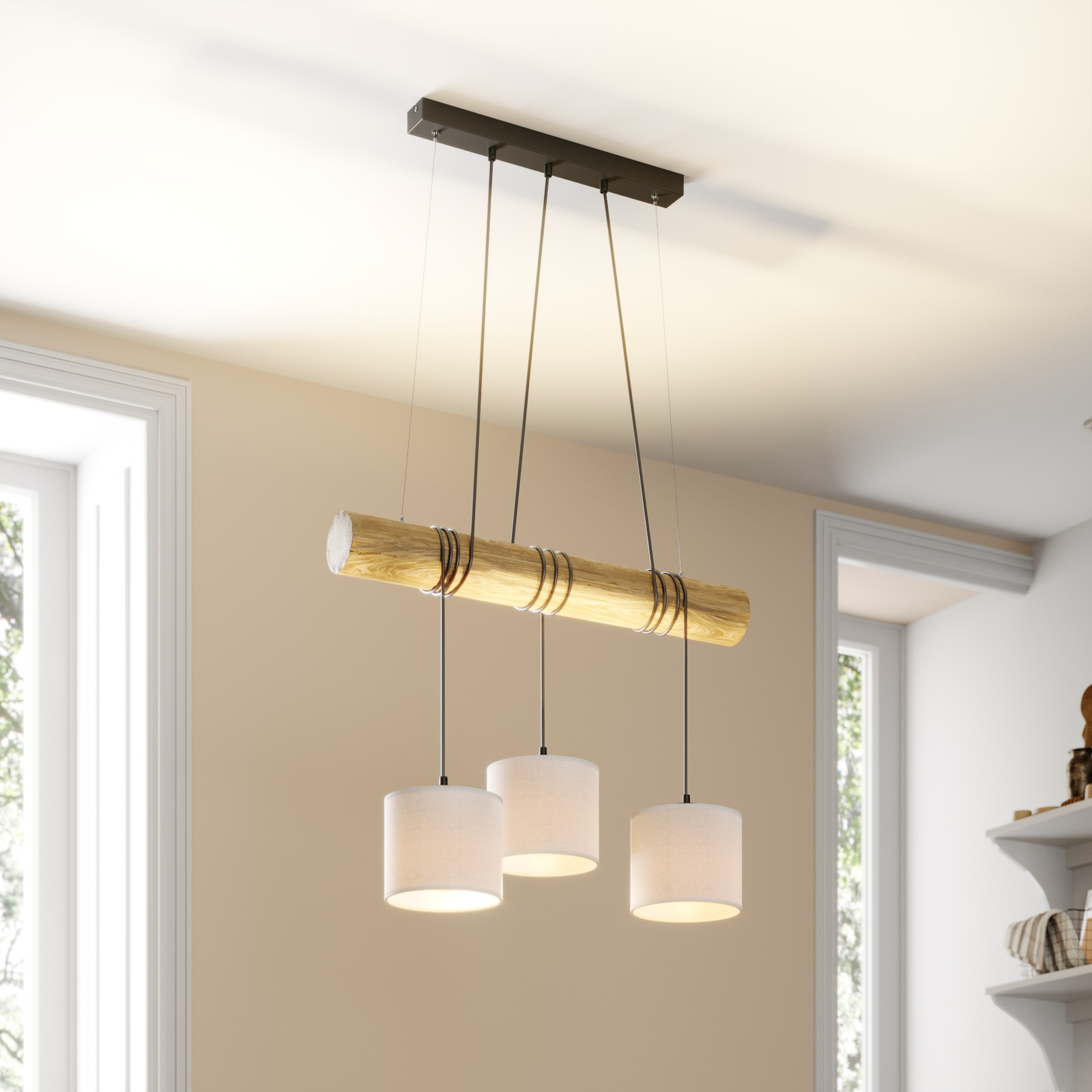 Hanglamp Sacide, houten balk, drie stoffen kappen