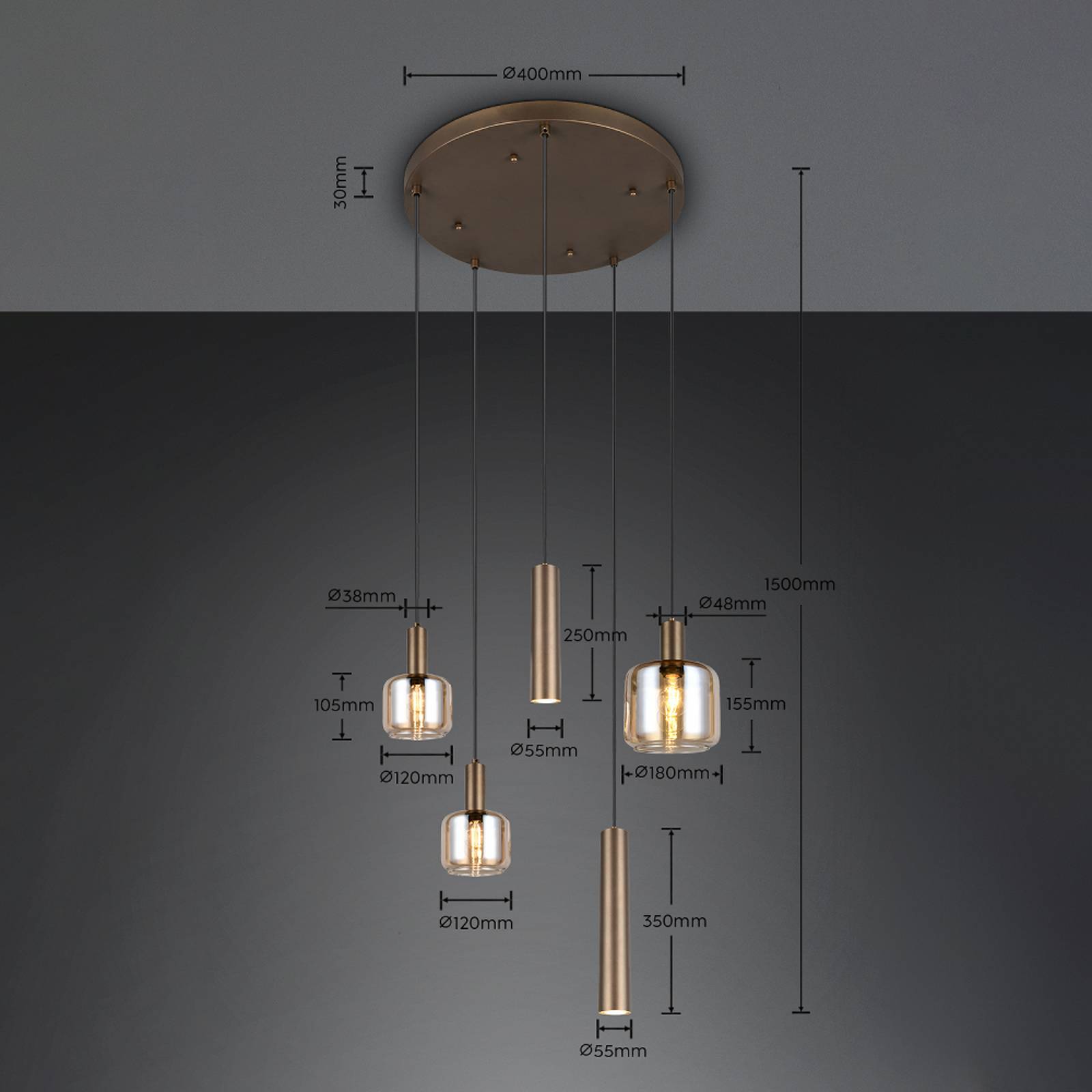 Hengelampe Mataro, beige, Ø 55 cm, 5 lyskilder, glass/metall