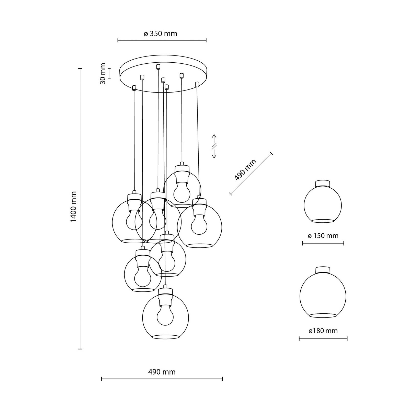 Suspension Cubus Mix, Ø 49 cm, à 7 lampes, multicolore, verre, E27