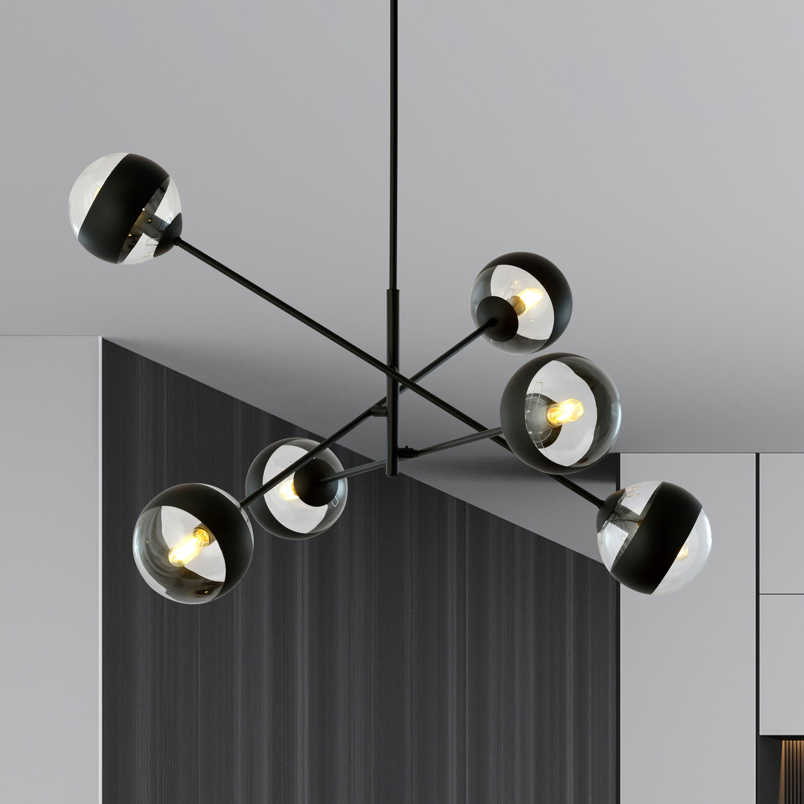 Linear ceiling light, black/clear, six-bulb