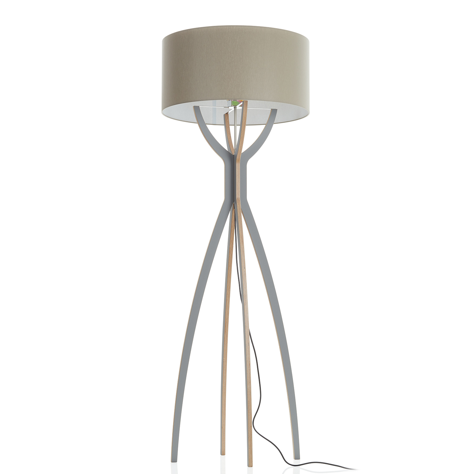 B-Leuchten Body floor lamp, grey fabric lampshade, for Living / Dining Room, wood, fabric, E27, 36 W, energy efficiency: A++, H: 137 cm