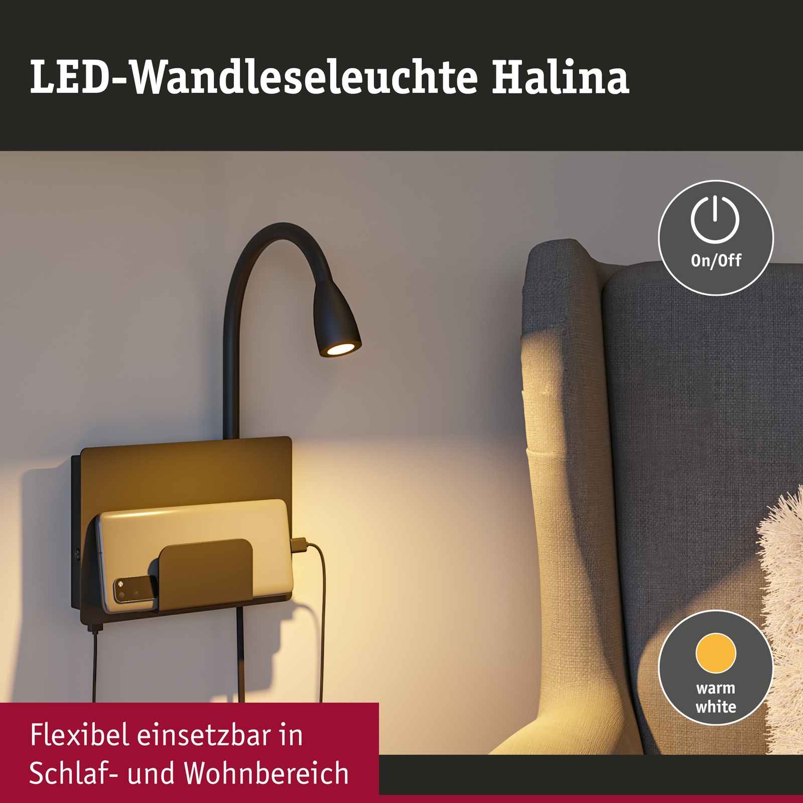 Paulmann Halina USB LED стенна лампа, гъвкаво рамо, черна